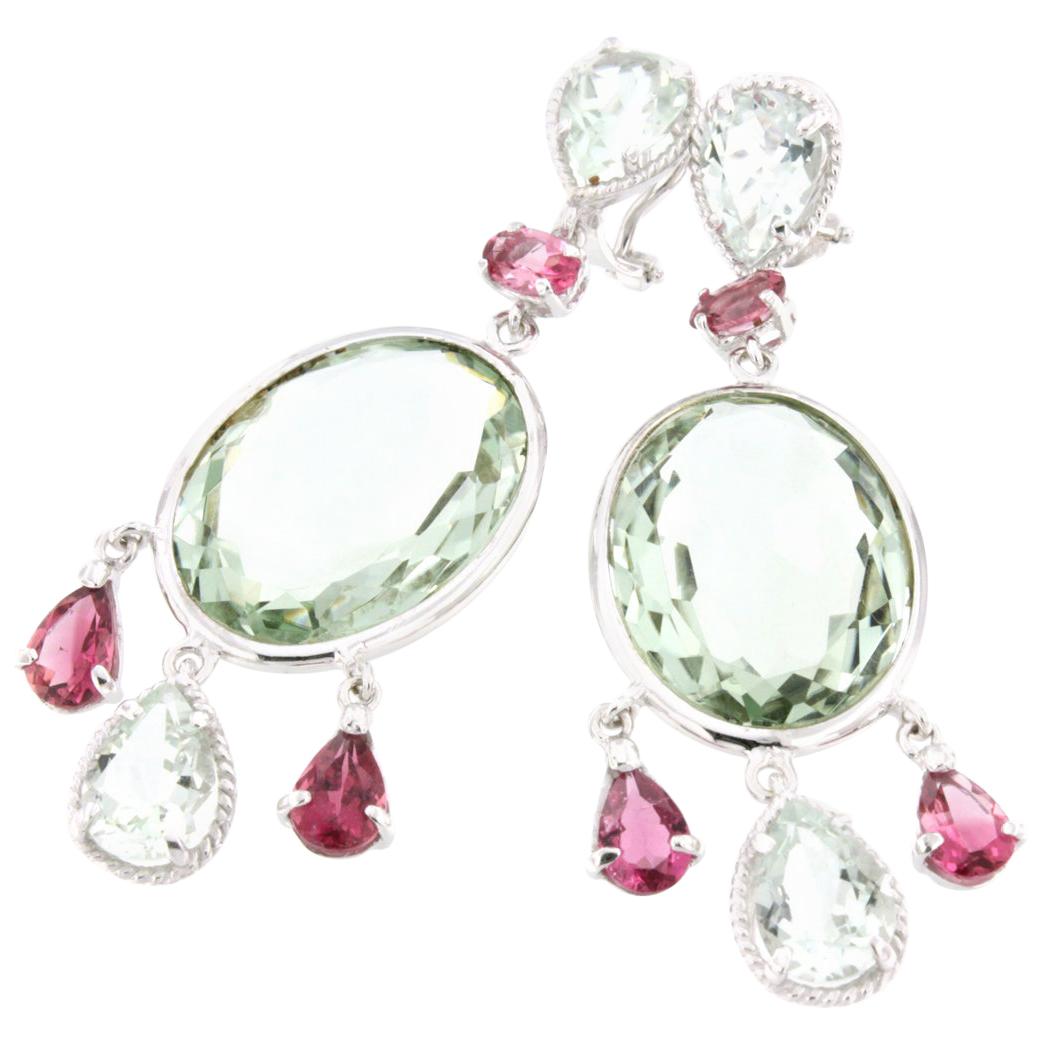 18 Karat White Gold with Tourmaline and Prasiolite Earrings For Sale