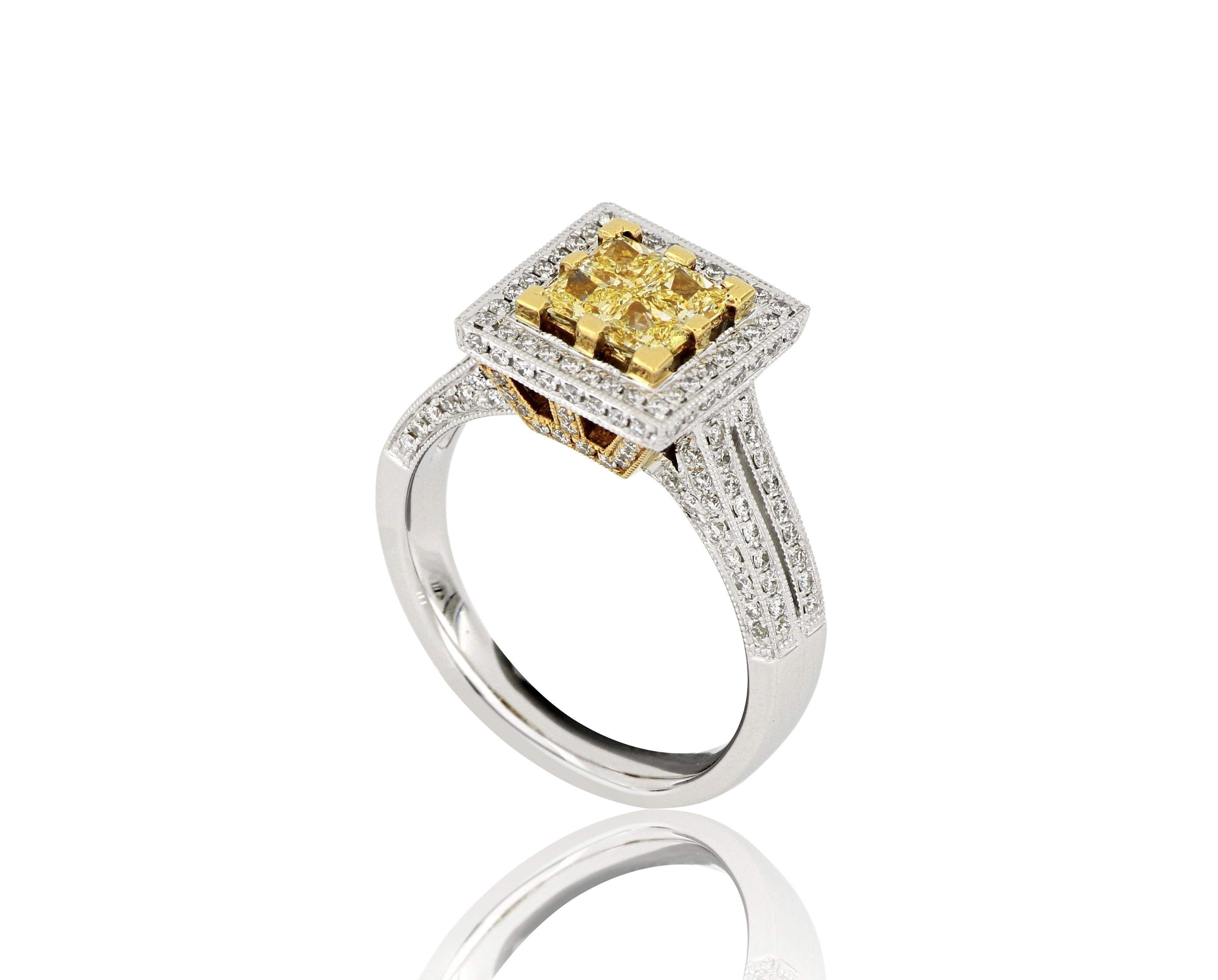 A diamond ring, set with squared-cut natural  yellow diamonds weighing approximately 0.62 carats, flanked by brilliant-cut white diamonds weighing approximately 0.56 carats, mounted in 18  Karat white gold.
O’Che 1867 was founded one and a half