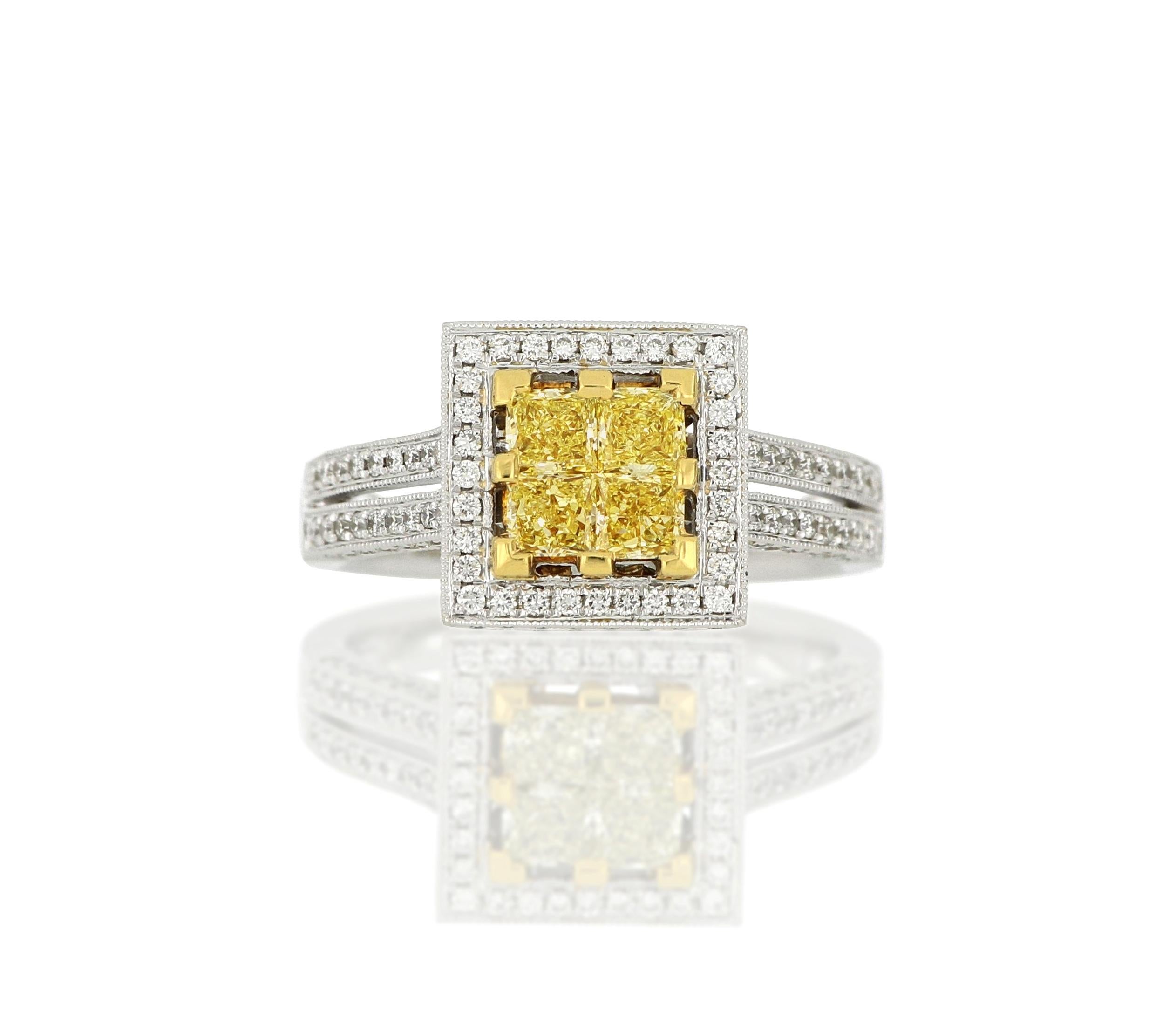 Contemporary 18 Karat White Gold Yellow Diamond Ring For Sale