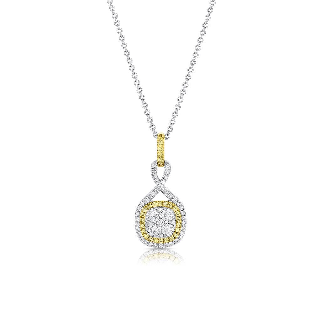 18k white gold and yellow gold twisted rounded square necklace with diamonds weighing 0.56 carat total weight and yellow diamonds weighing 0.16 carat total weight. chain is 18” in length