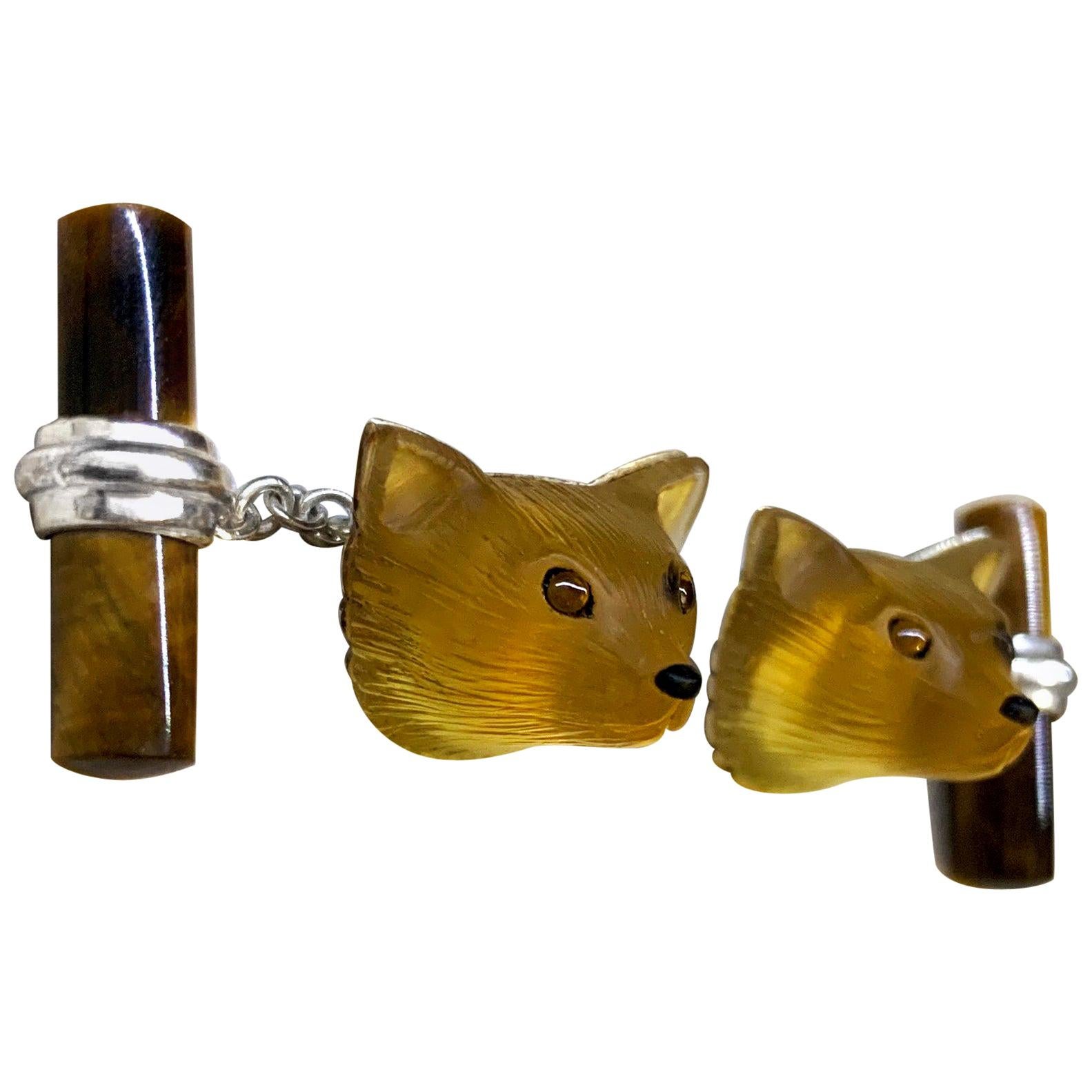 18 Karat White Gold Yellow Opal Tiger's Eye Carnelian Fox Cufflinks