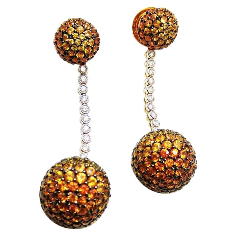 18 Karat White Gold Yellow, Orange Sapphire Diamond Gold Two Balls Earrings