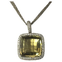 Vintage 18 Karat White Gold Yellow Quartz and Diamond Pendant Necklace #13116
