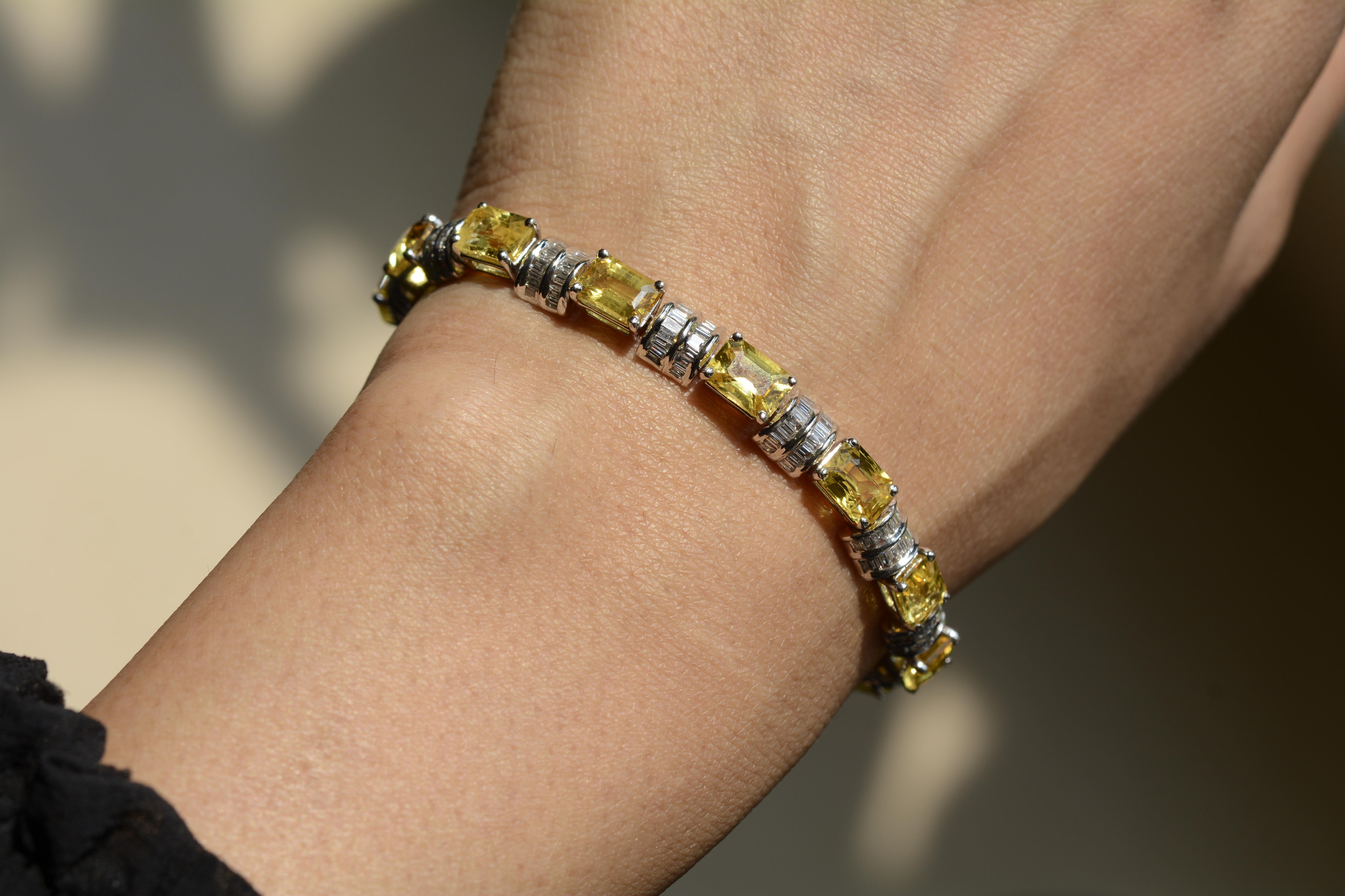 18 Karat White Gold Yellow Sapphire and Diamond Bracelet

Beautiful bracelet set in 18 karat white gold with the perfect fusion of yellow sapphires and white baguette diamonds. This bracelet is ideal for day wear, including parties and