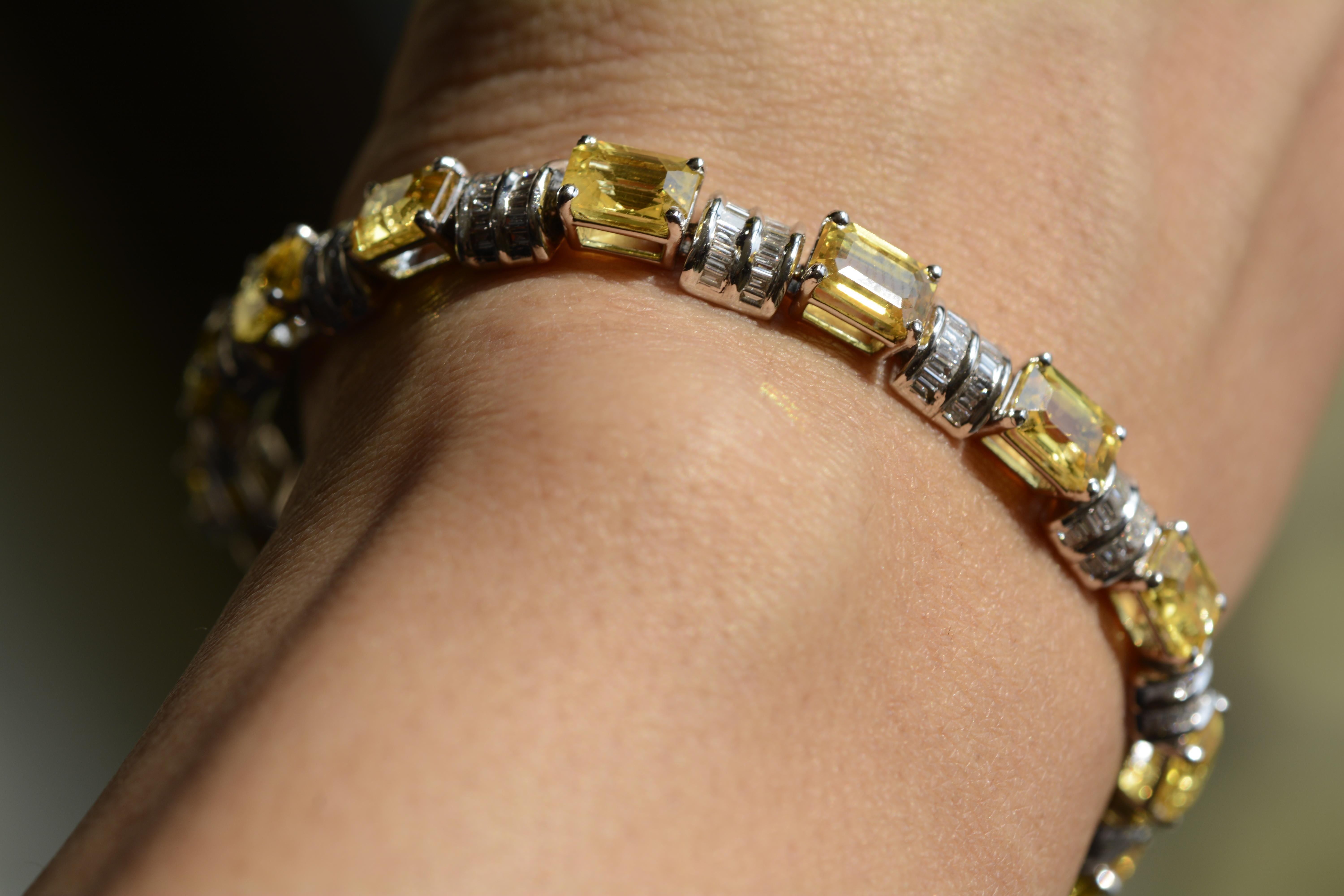 Mixed Cut 18 Karat White Gold Yellow Sapphire and Diamond Bracelet