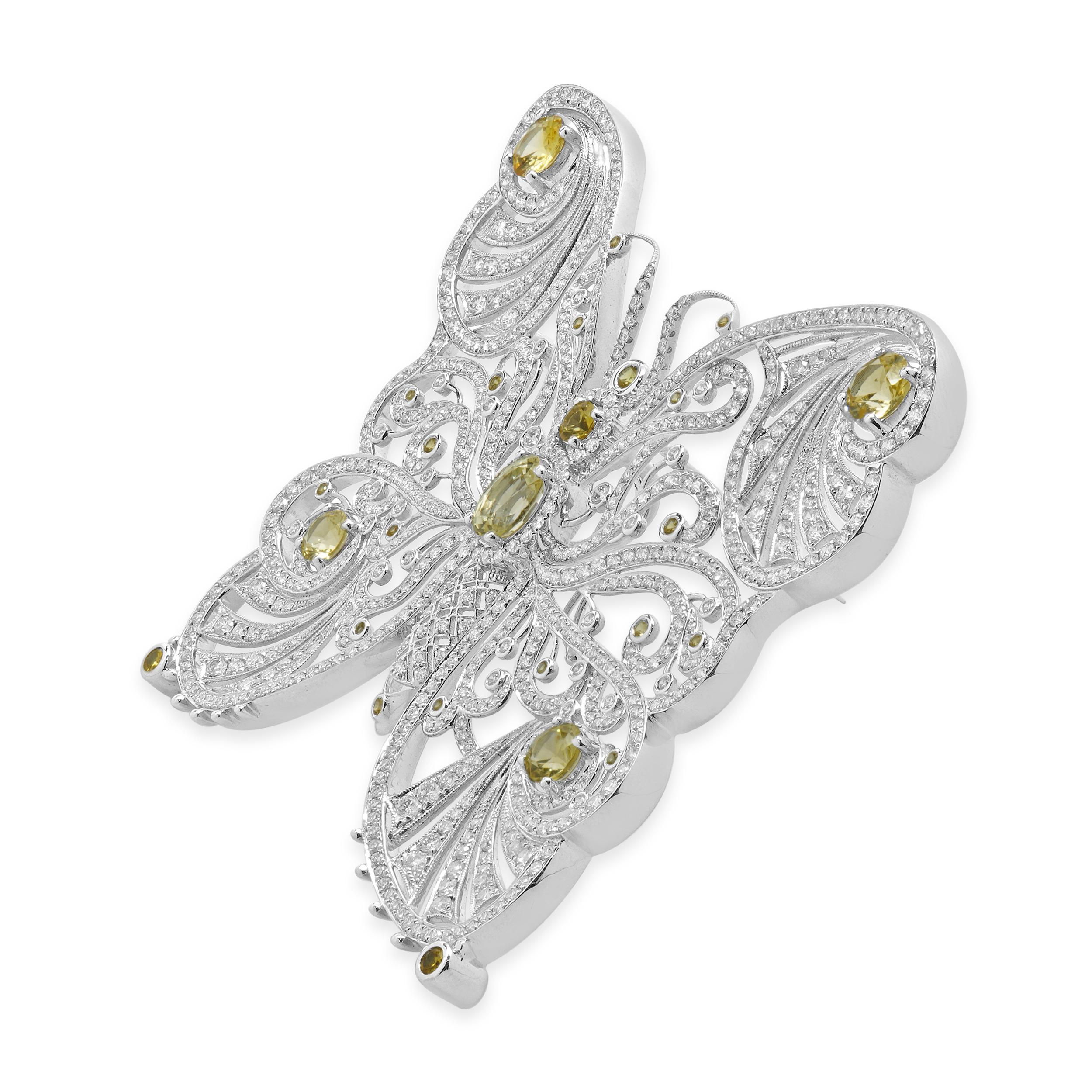 Round Cut 18 Karat White Gold Yellow Sapphire and Diamond Butterfly Pin For Sale