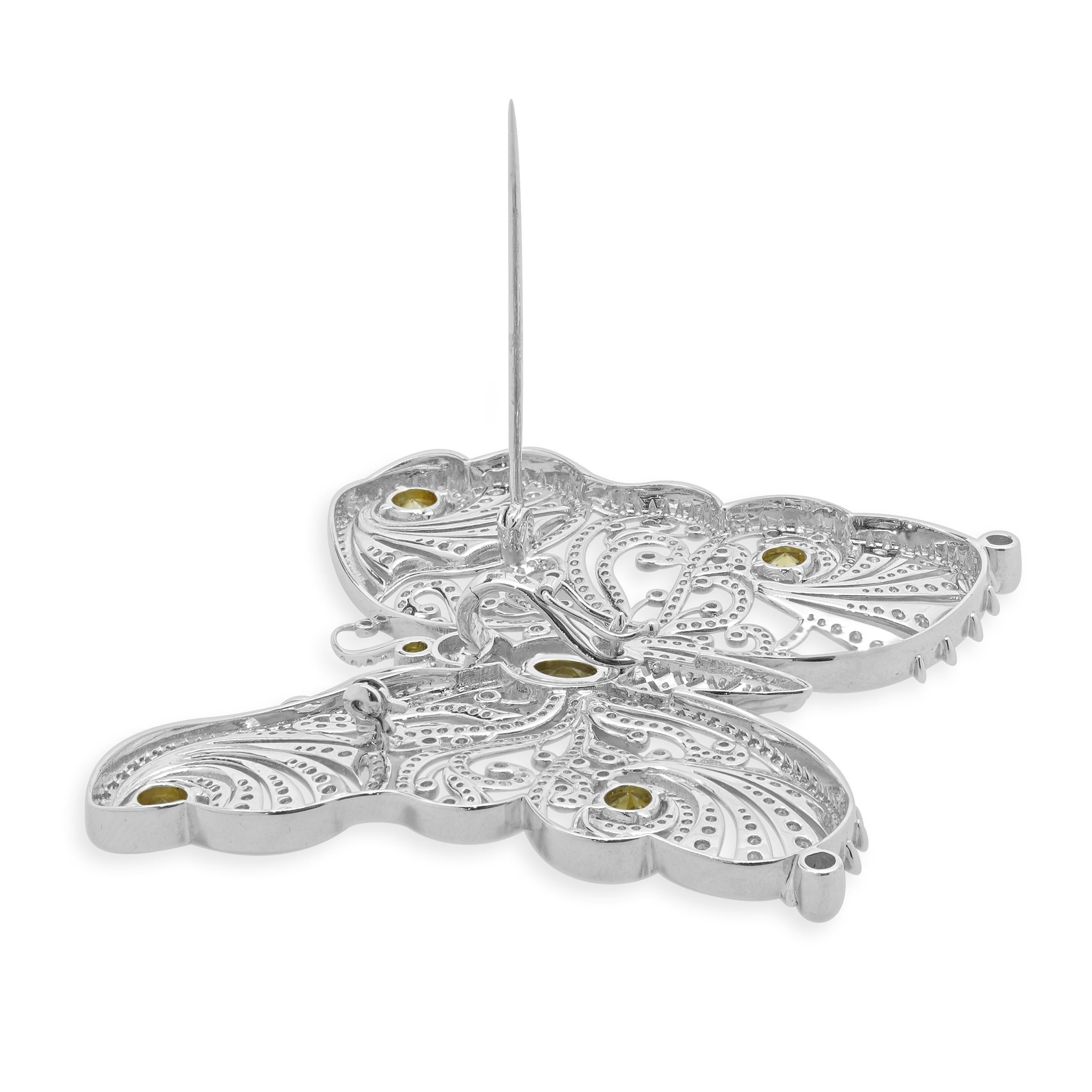 18 Karat White Gold Yellow Sapphire and Diamond Butterfly Pin In Excellent Condition For Sale In Scottsdale, AZ