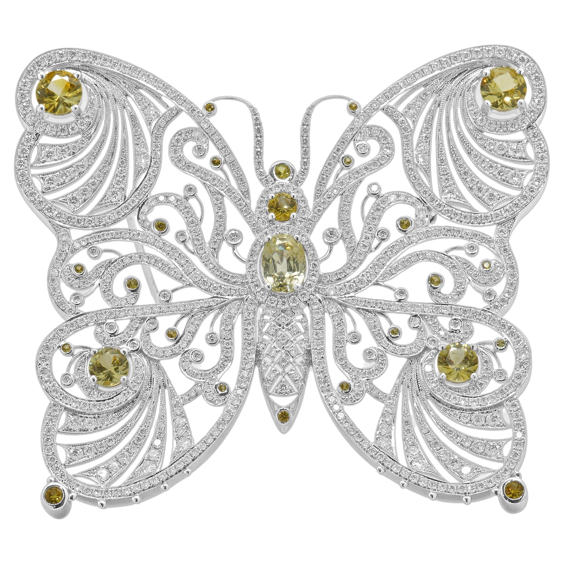 18 Karat White Gold Yellow Sapphire and Diamond Butterfly Pin For Sale