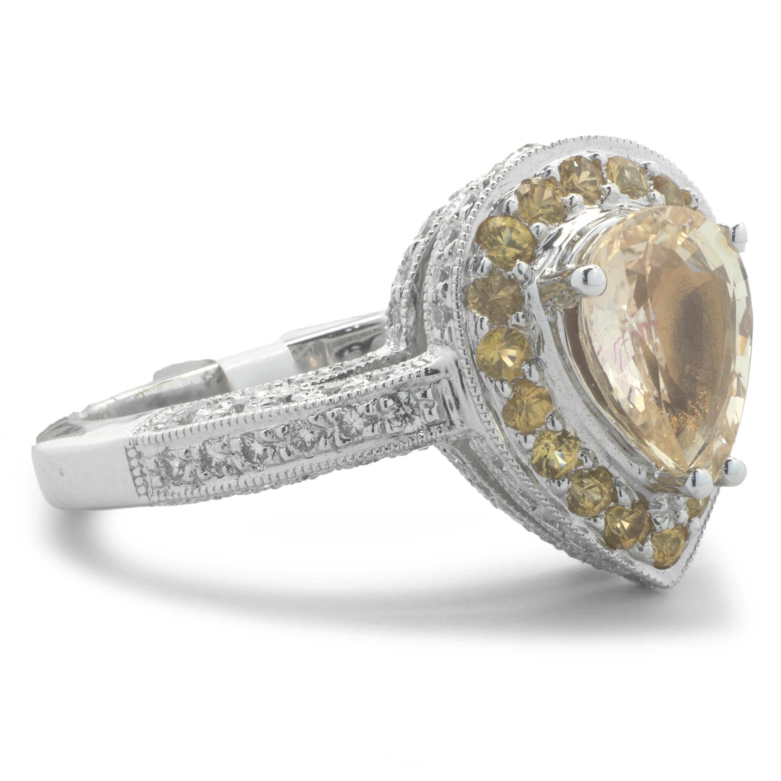 Material: 18K white gold
Diamonds: round brilliant cut = .44cttw
Color: G
Clarity: SI1
Yellow Sapphire: 1 pear cut = 1.64ct
Ring Size: 6.5 (allow up to two additional business days for sizing requests)
Weight: 5.98 grams
