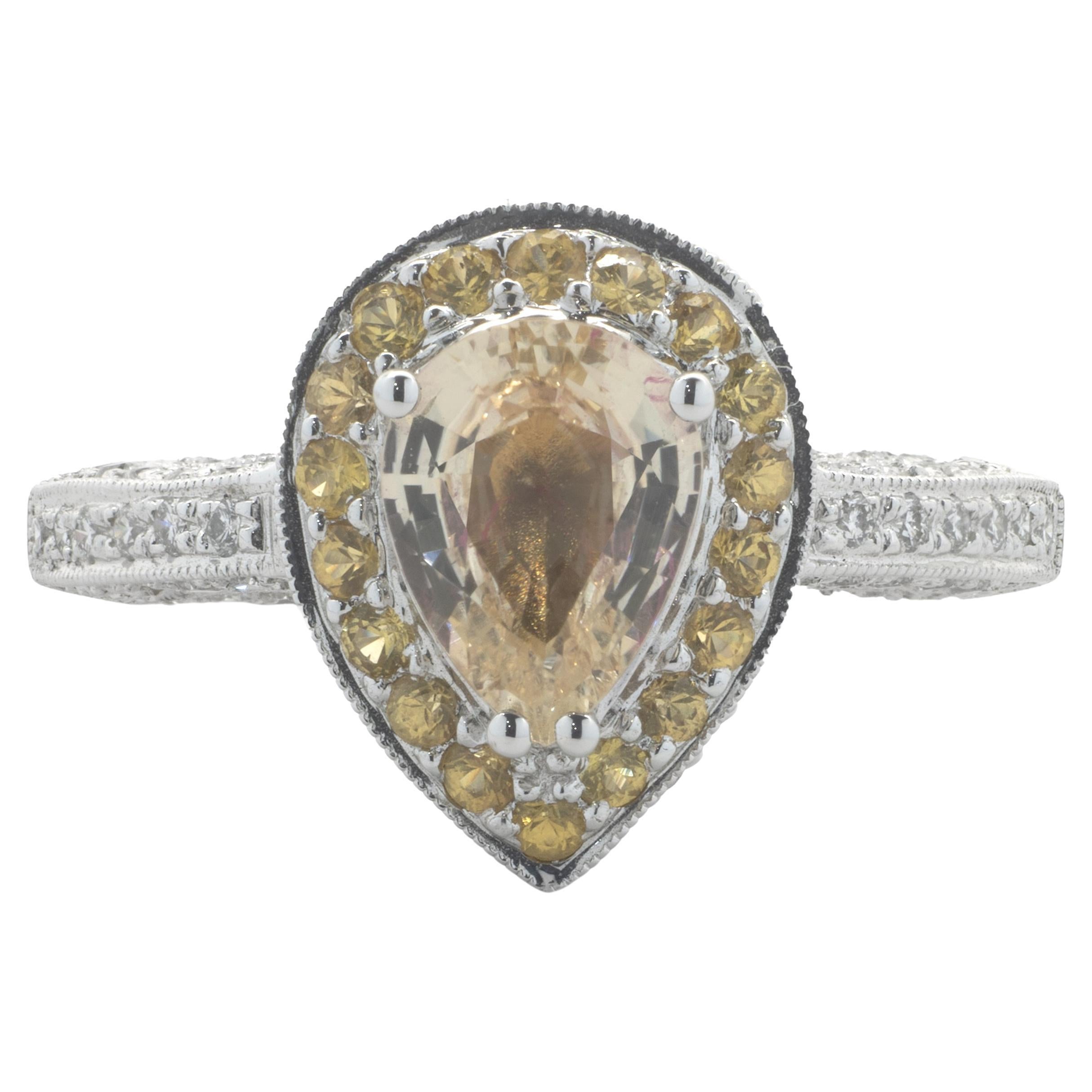 18 Karat White Gold Yellow Sapphire and Diamond Ring For Sale