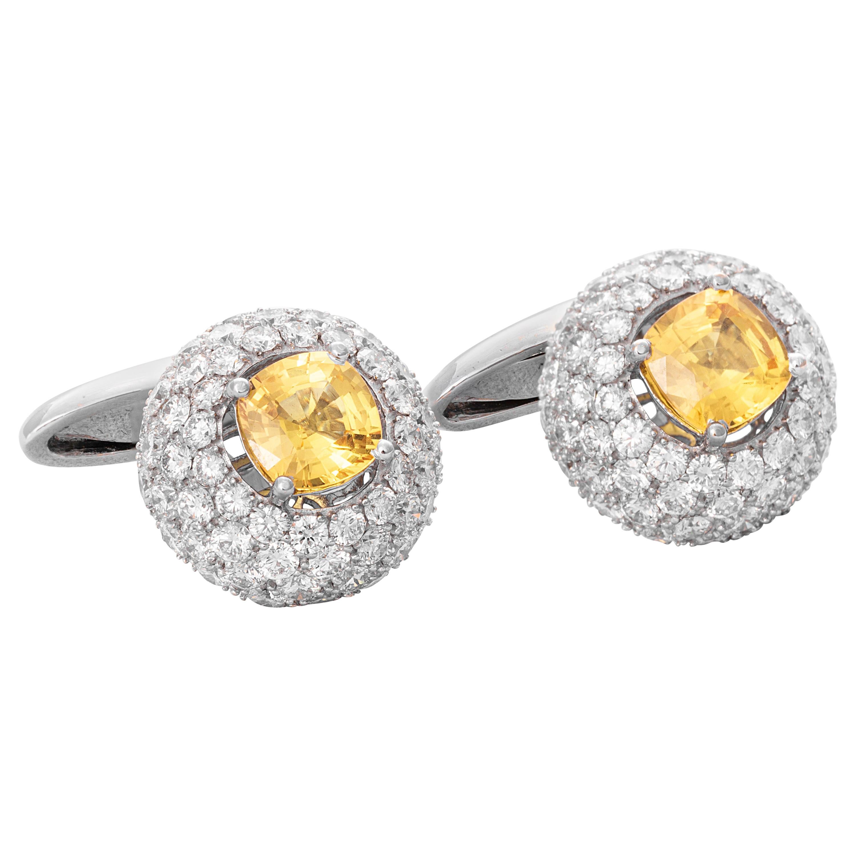 18 Karat White Gold Yellow Sapphire Diamond Cufflinks For Sale