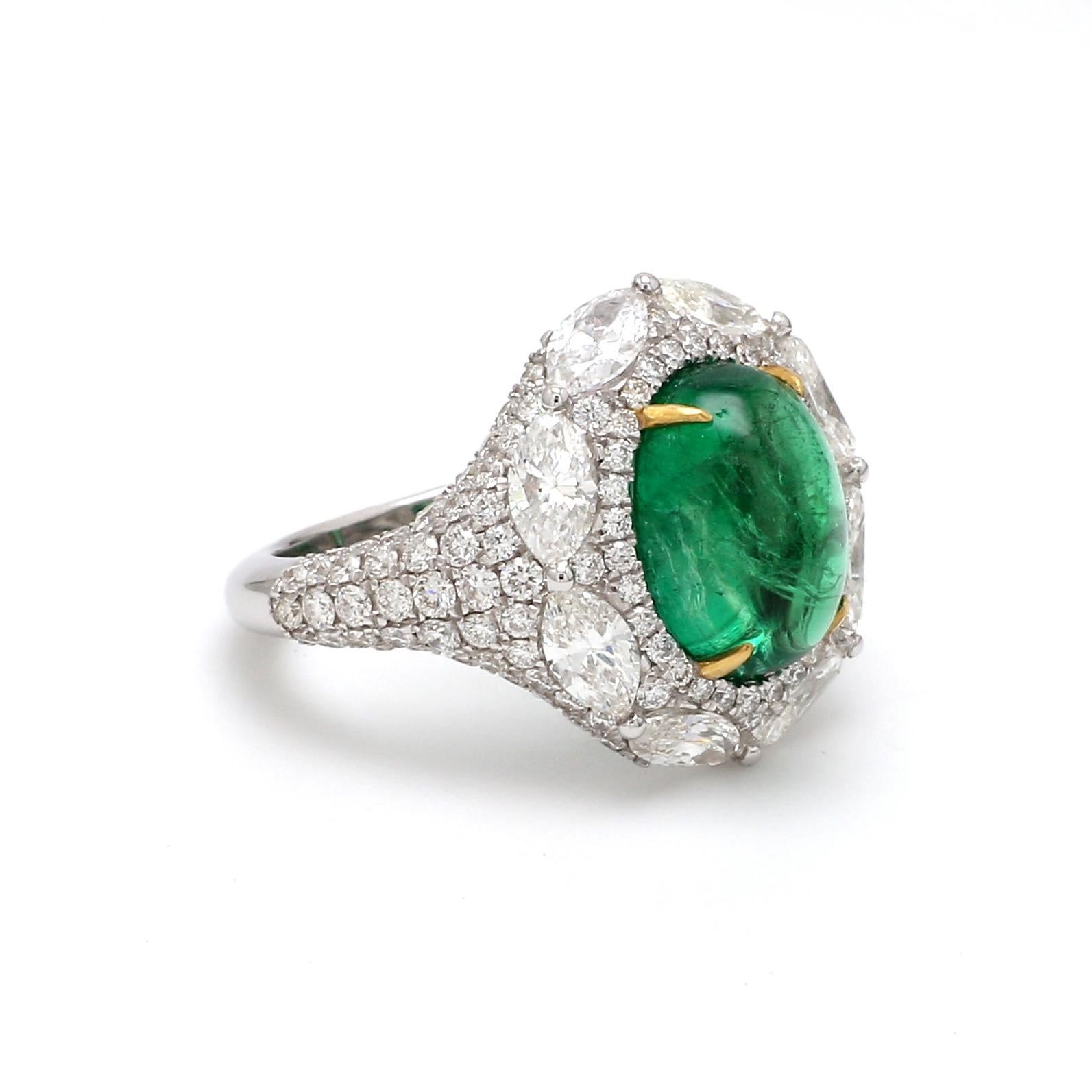Contemporary 18 Karat White Gold Zambian Emerald 3.89 Carat Cabochon Diamond Cocktail Ring For Sale