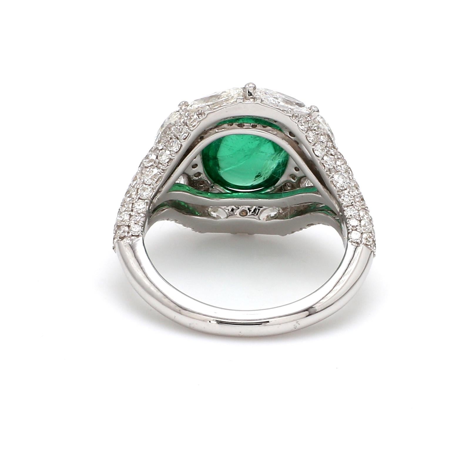 Oval Cut 18 Karat White Gold Zambian Emerald 3.89 Carat Cabochon Diamond Cocktail Ring For Sale