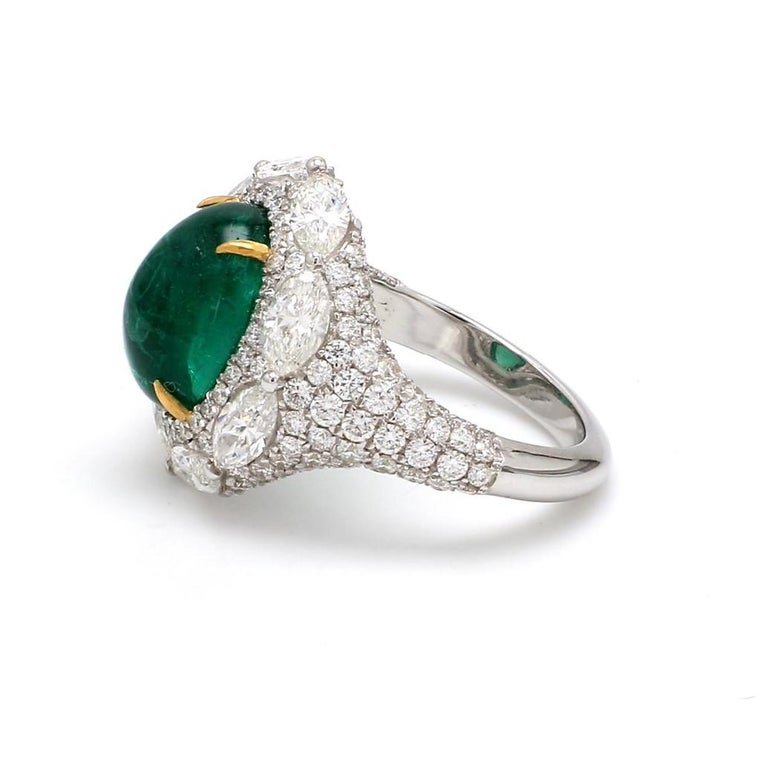 18 Karat White Gold Zambian Emerald 3.89 Carat Cabochon Diamond ...