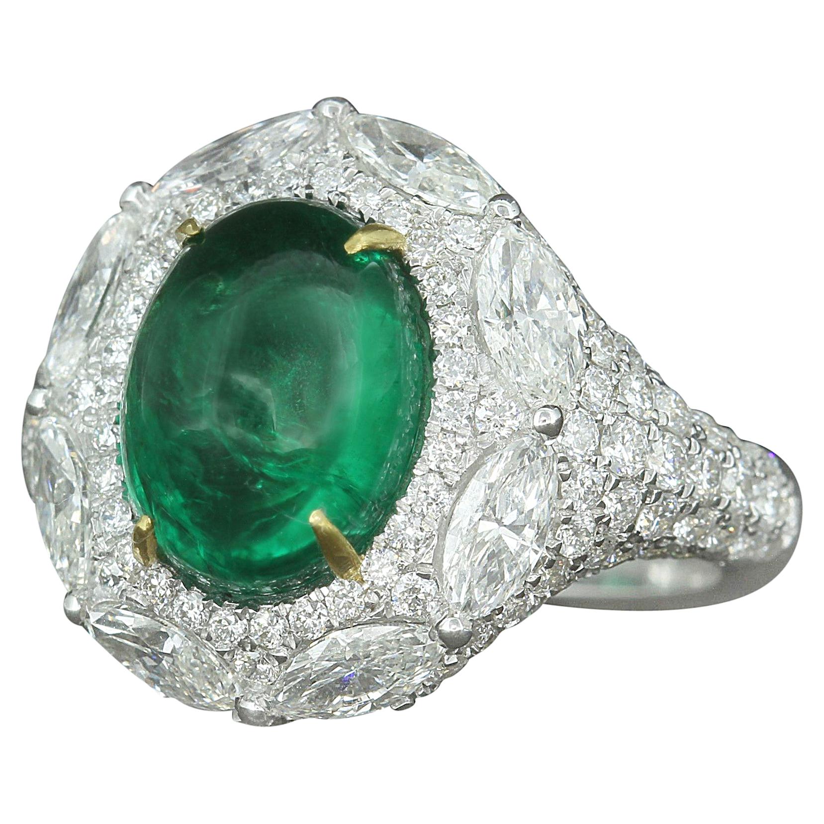 18 Karat White Gold Zambian Emerald 3.89 Carat Cabochon Diamond Cocktail Ring For Sale