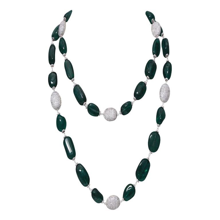 18K White Gold Zambian Emerald and Diamond Necklace For Sale
