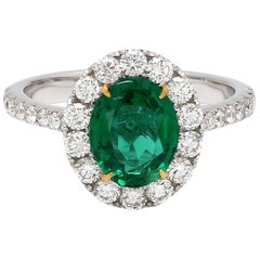 18 Karat White Gold Zambian Emerald Halo Diamond Ring