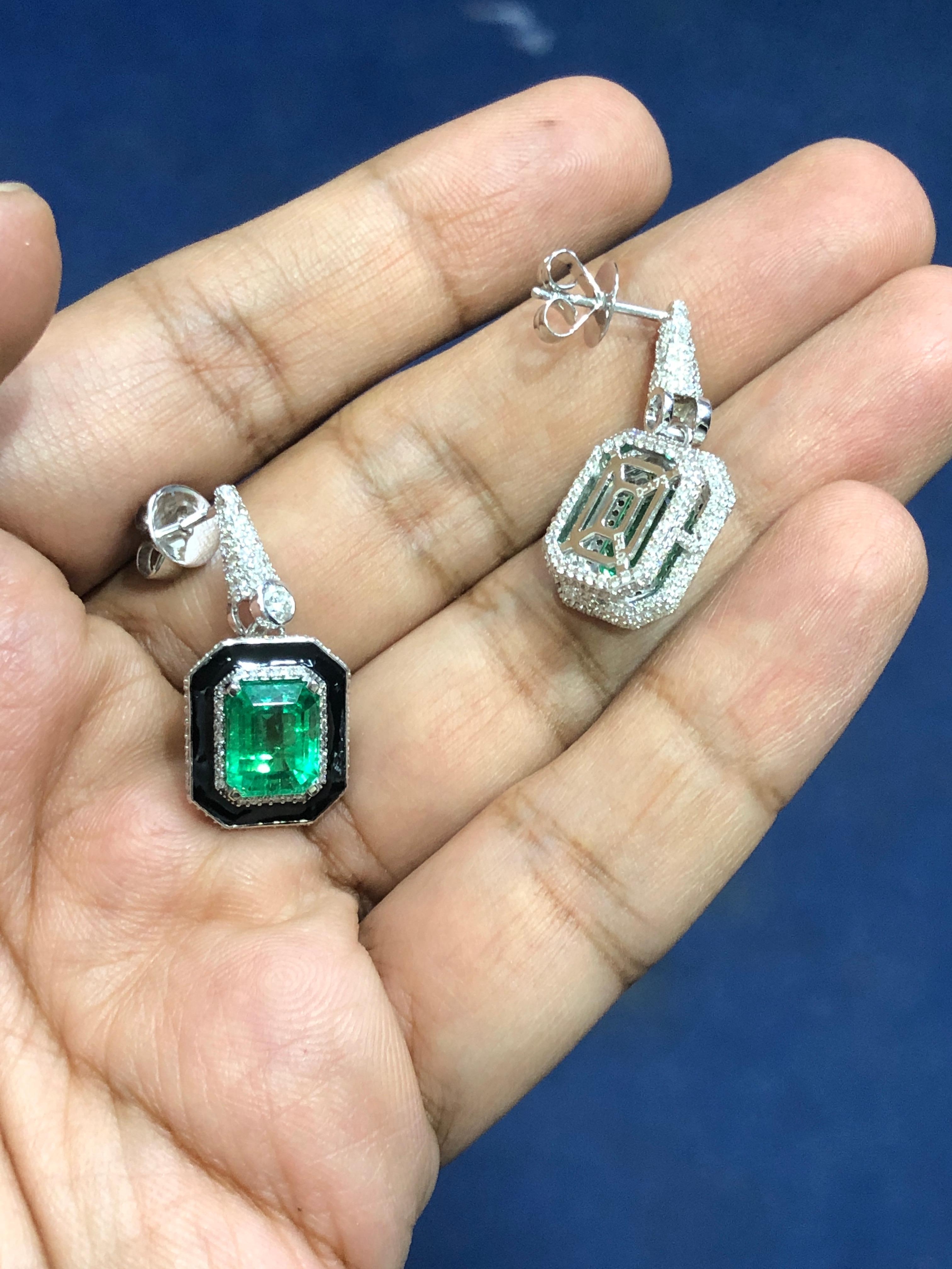 Emerald Cut 18 Karat White Gold Zambian Emerald White Diamond Dangling Earrings For Sale