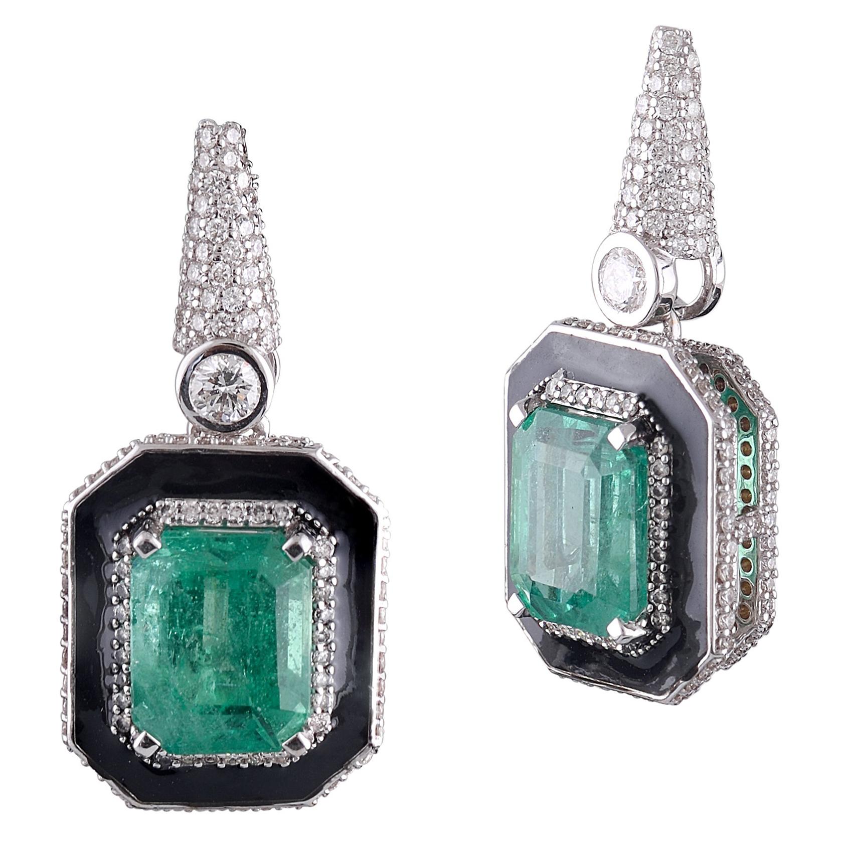 18 Karat White Gold Zambian Emerald White Diamond Dangling Earrings For Sale