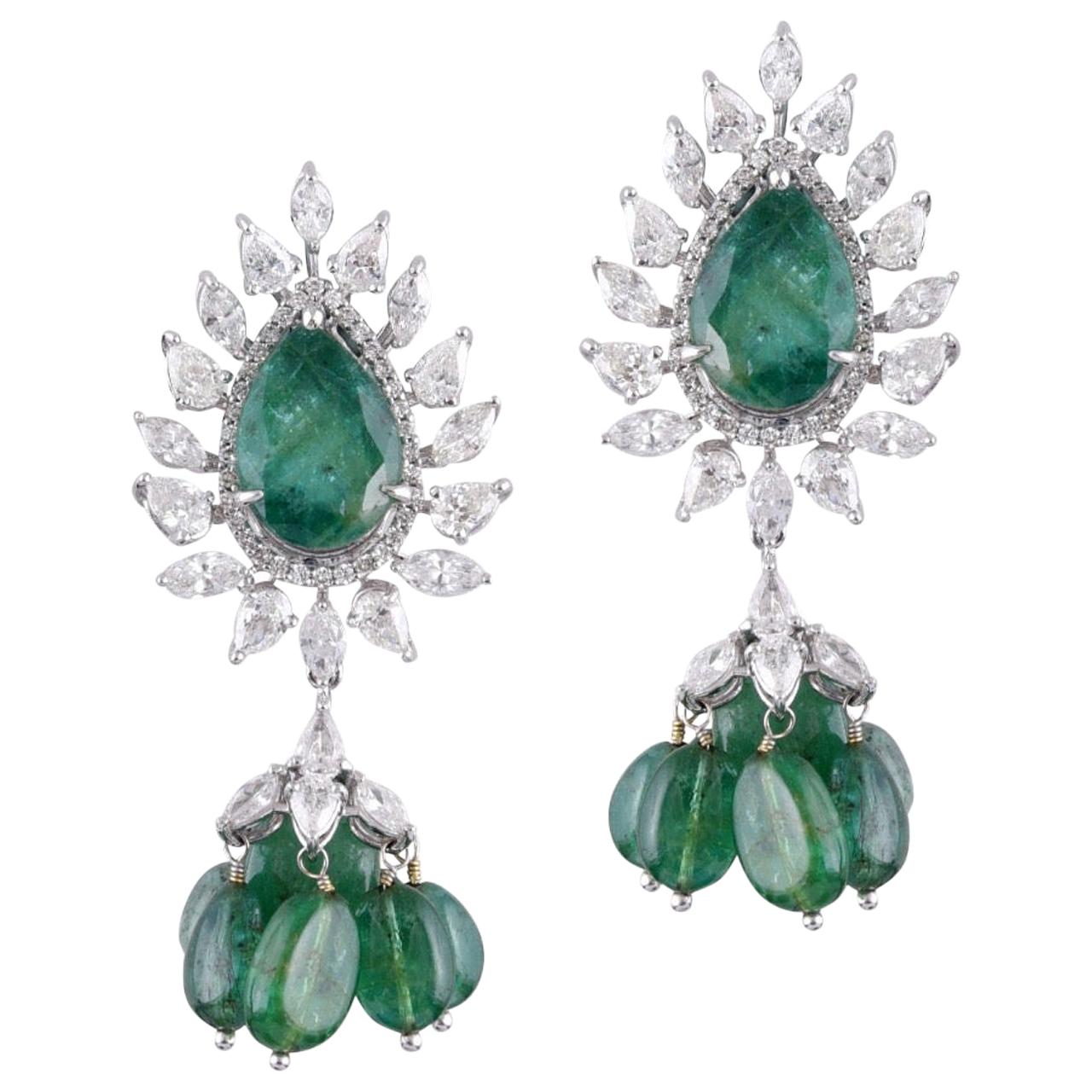 18 Karat White Gold Zambian Emerald White Diamond Stud Earrings