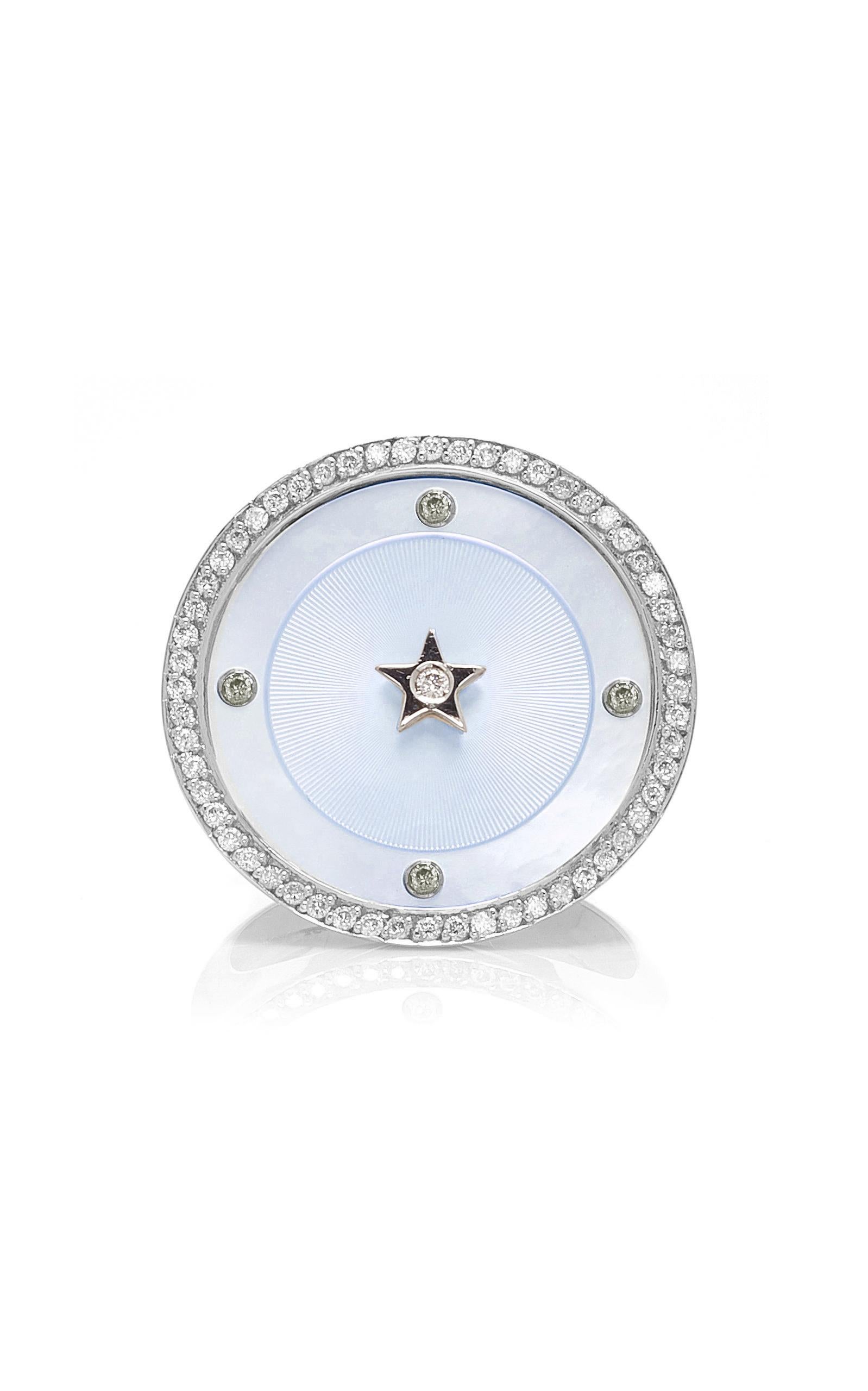 Inspired by the concept of time, Anna Maccieri Rossi's 'ORA Chevalier Ring' features a light blue mother of pearl dial where the hours of the day are marked by multicolored sapphires with a white diamond star at center.
PRODUCT DETAILS
Slips