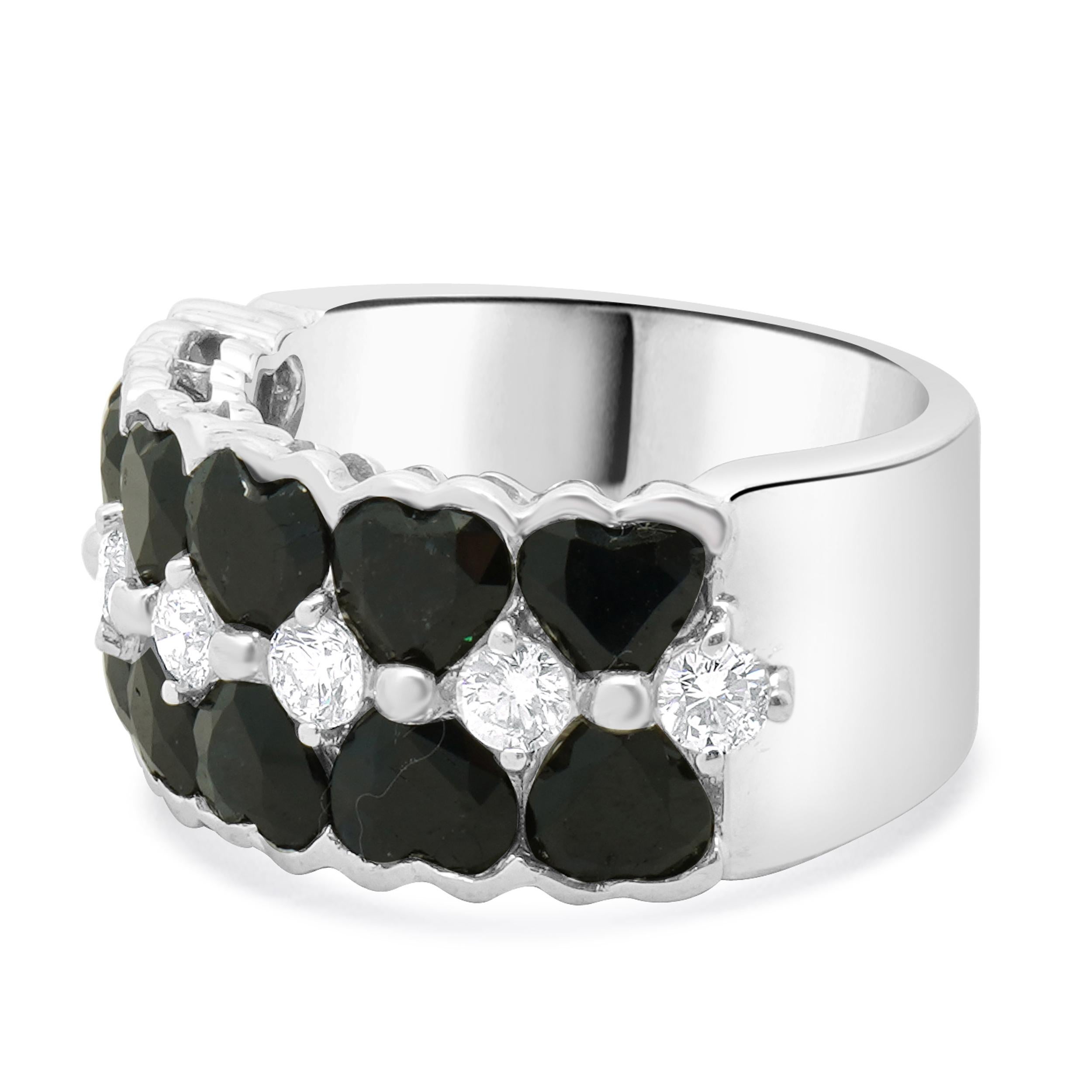 Material: 18k white gold
Diamond: 7 round cut = 0.70cttw
Color: G
Clarity: SI1
Sapphire: 12 heart cut = 3.60cttw
Ring Size: 6.5 (please allow up to 2 additional business days for sizing requests)
Weight: 9.70 grams

