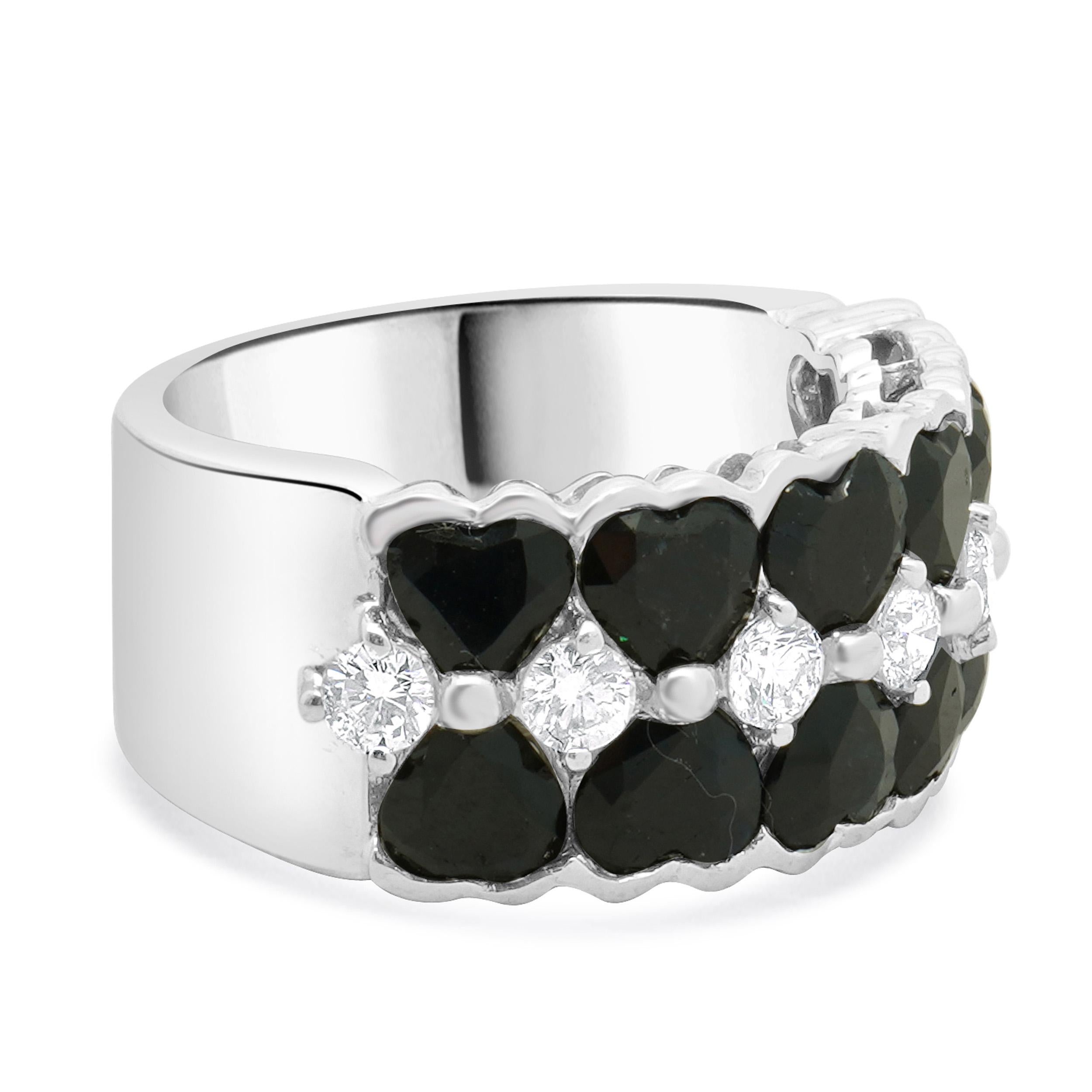 Round Cut 18 Karat White Heart Cut Sapphire and Diamond Three Row Ring For Sale