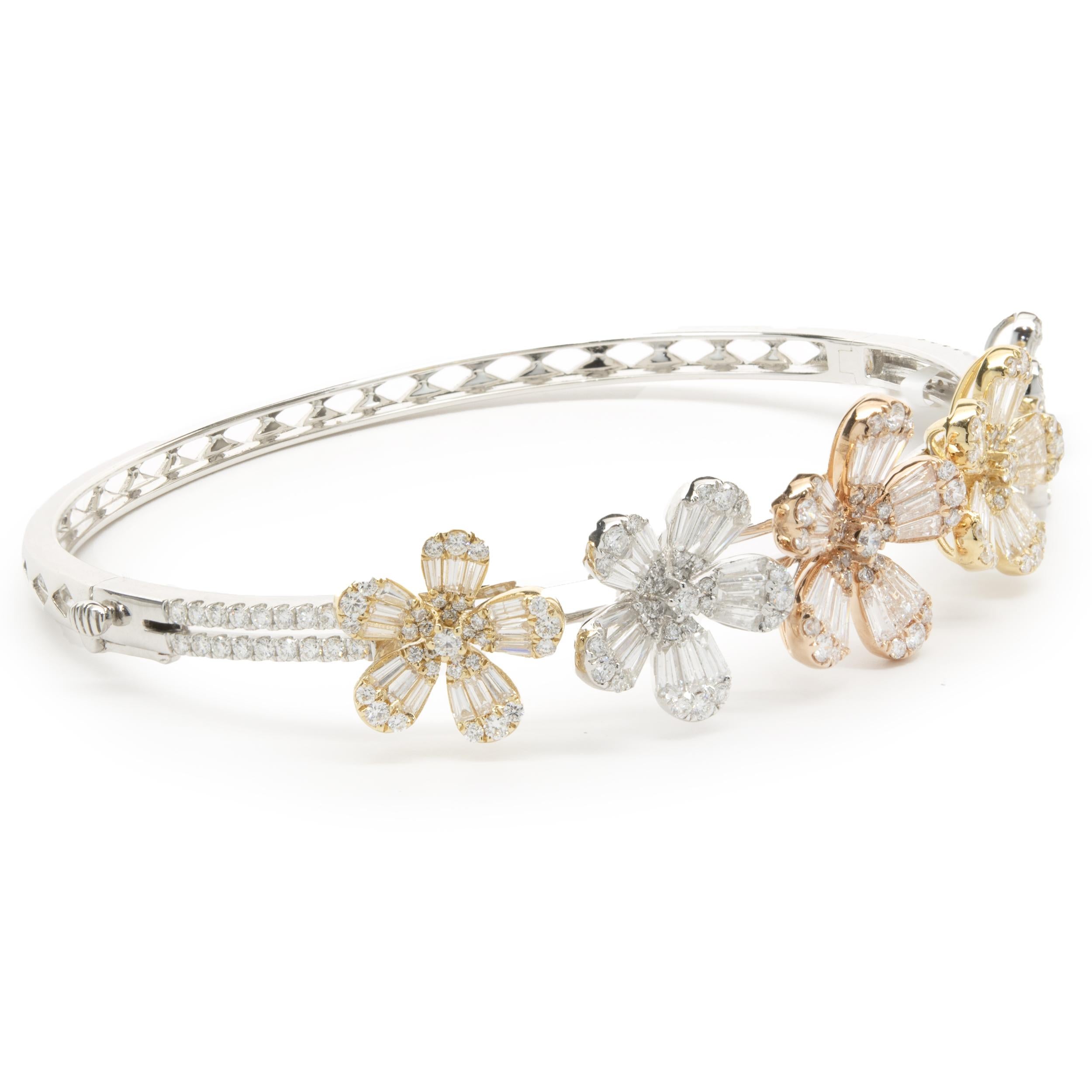 Designer: custom 
Material: 18K white, rose, yellow gold
Diamond: round brilliant and baguette cut = 3.05cttw
Color:  F 
Clarity: VS2
Dimensions: bracelet will fit up to a 6-inch wrist
Weight: 14.55 grams