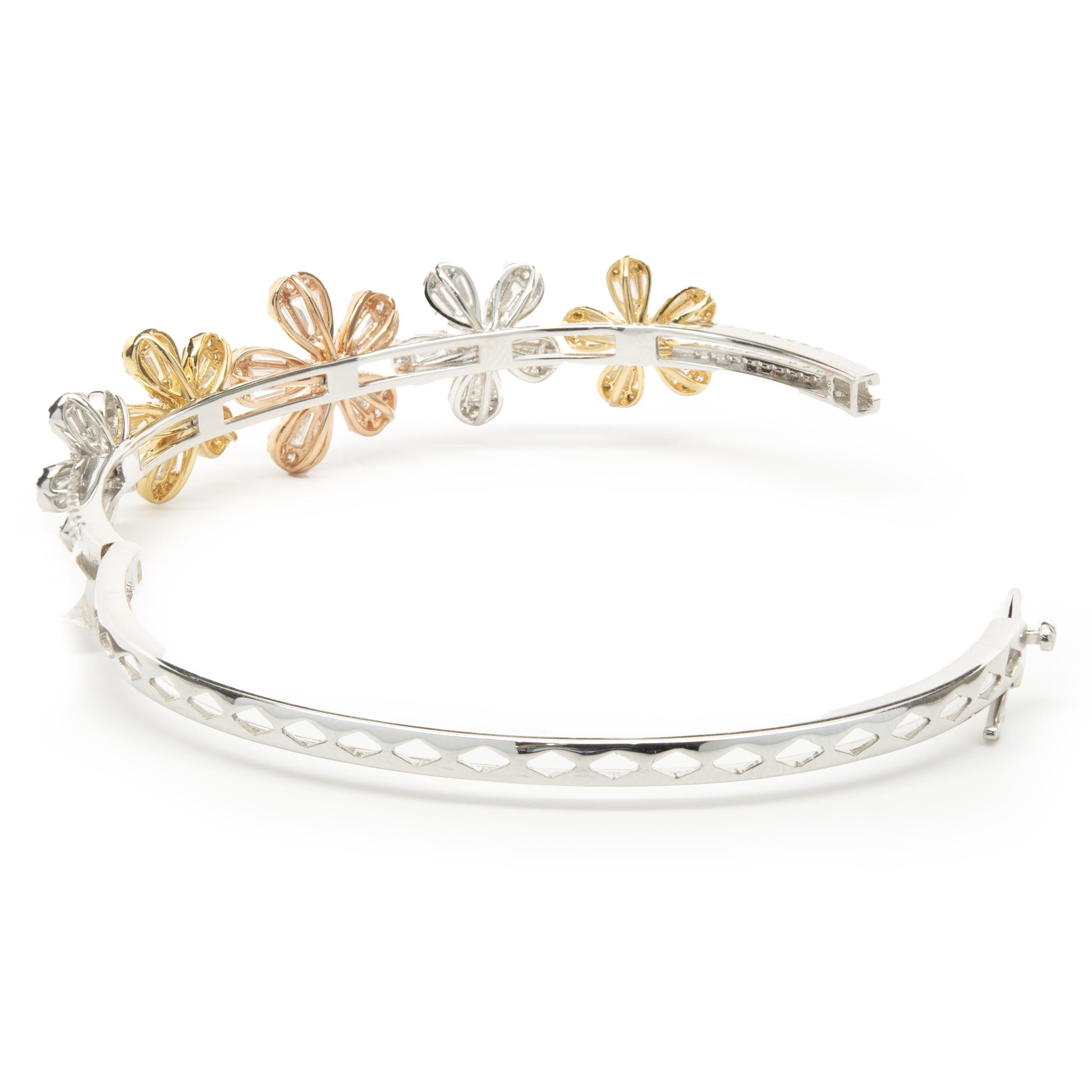 Round Cut 18 Karat White, Rose, and Yellow Gold Mosaic Diamond Flower Bangle Bracelet