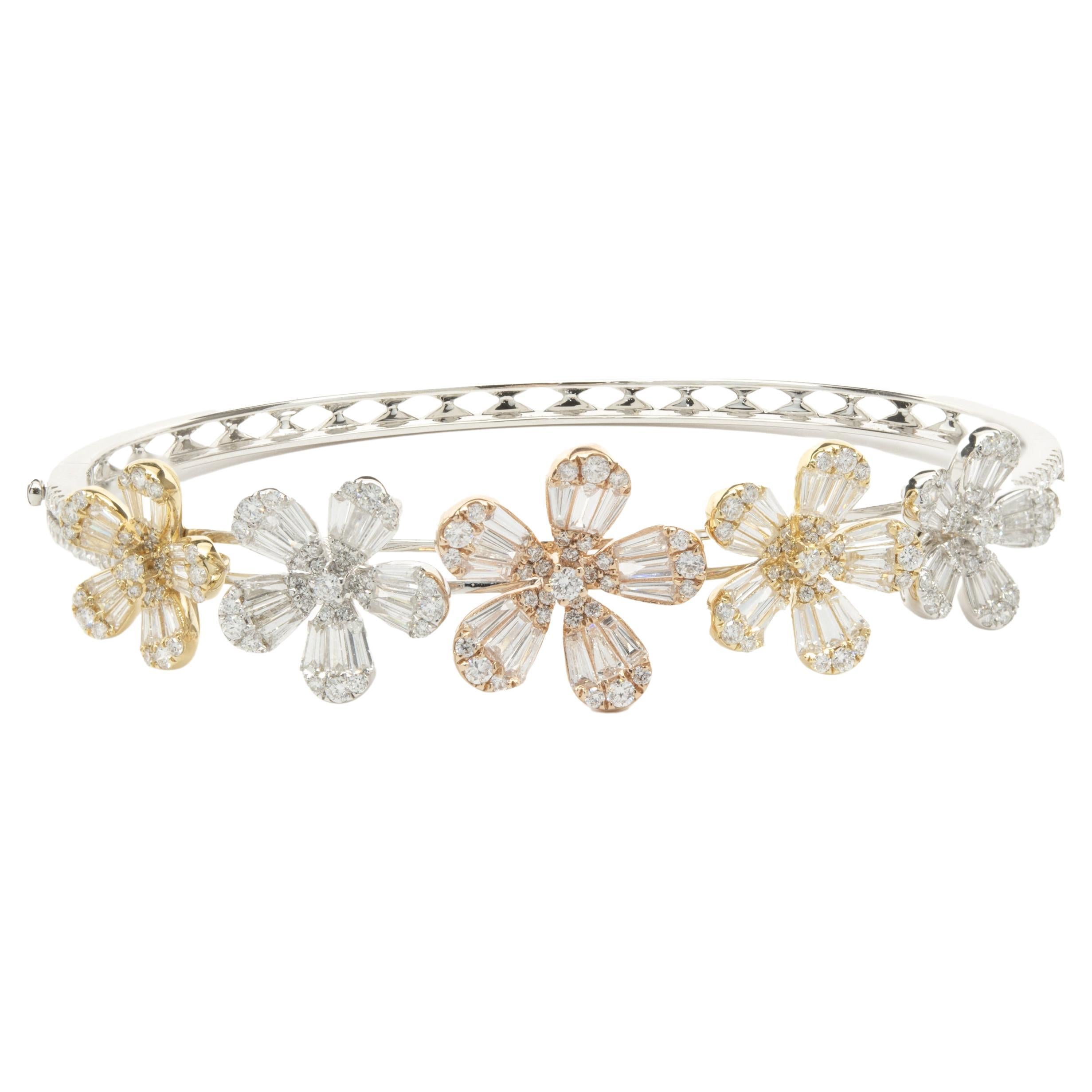 18 Karat White, Rose, and Yellow Gold Mosaic Diamond Flower Bangle Bracelet