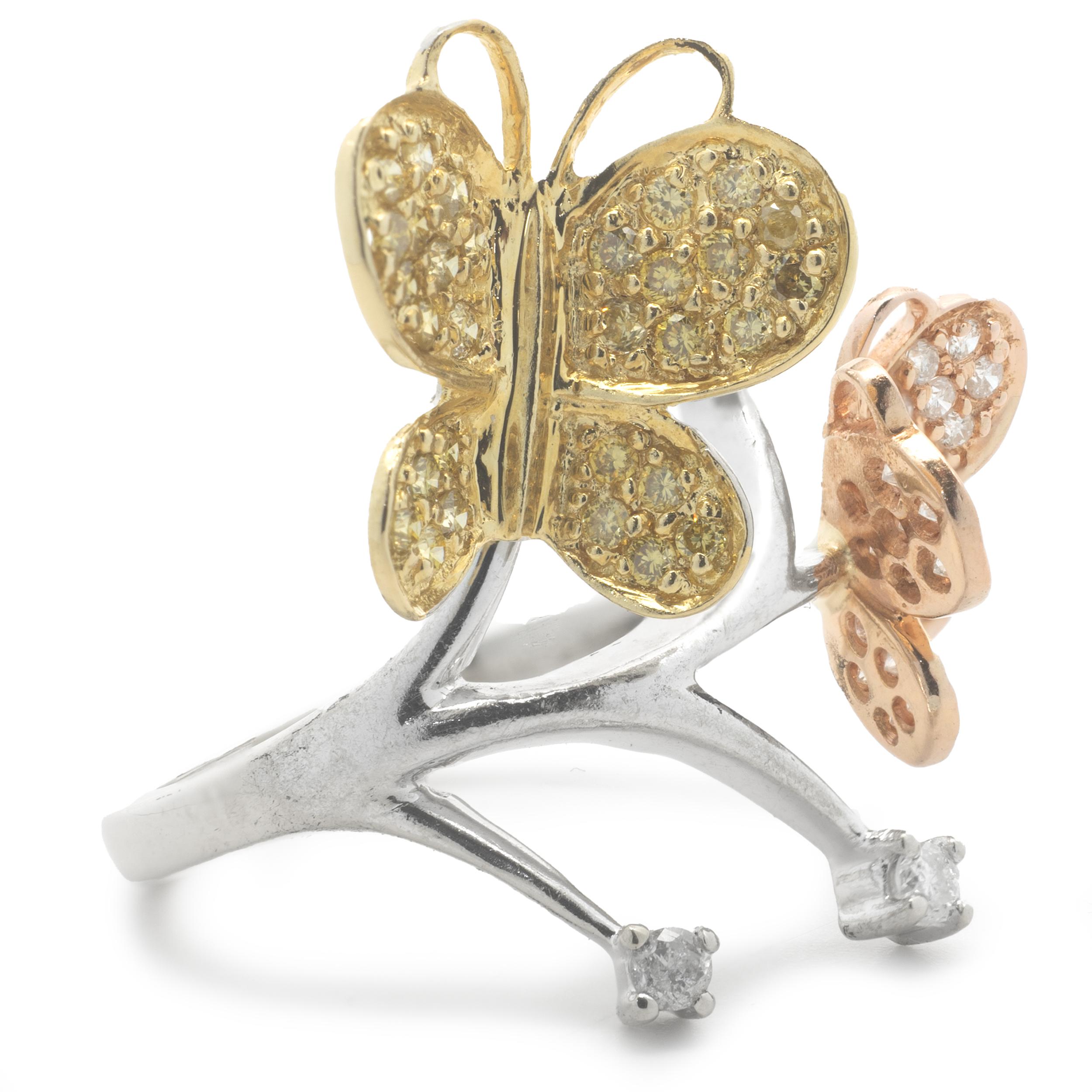 Round Cut 18 Karat White, Rose, and Yellow Gold Pave Diamond Butterfly Ring For Sale