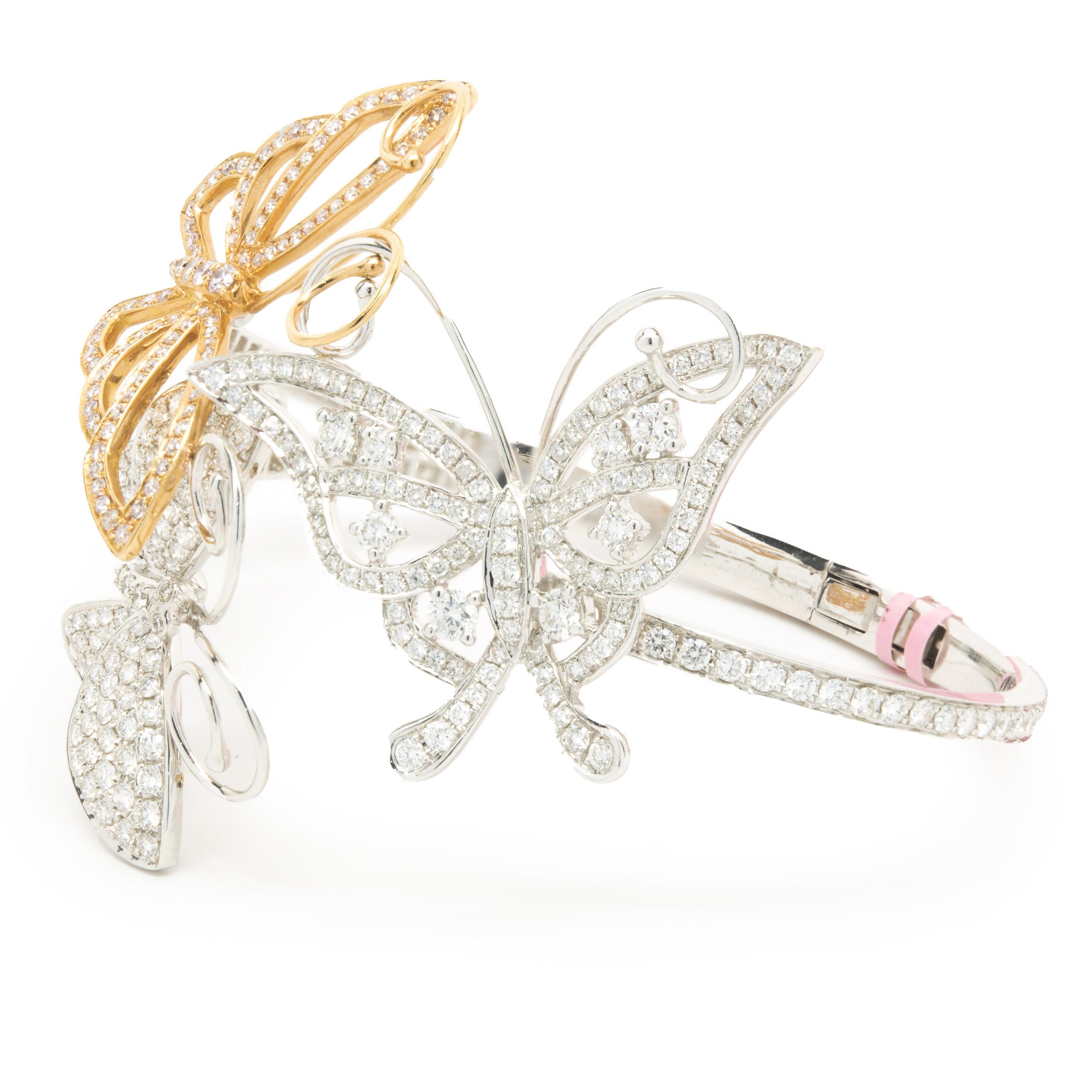 Round Cut 18 Karat White & Rose Gold Diamond Hinged Butterfly Bangle Bracelet For Sale