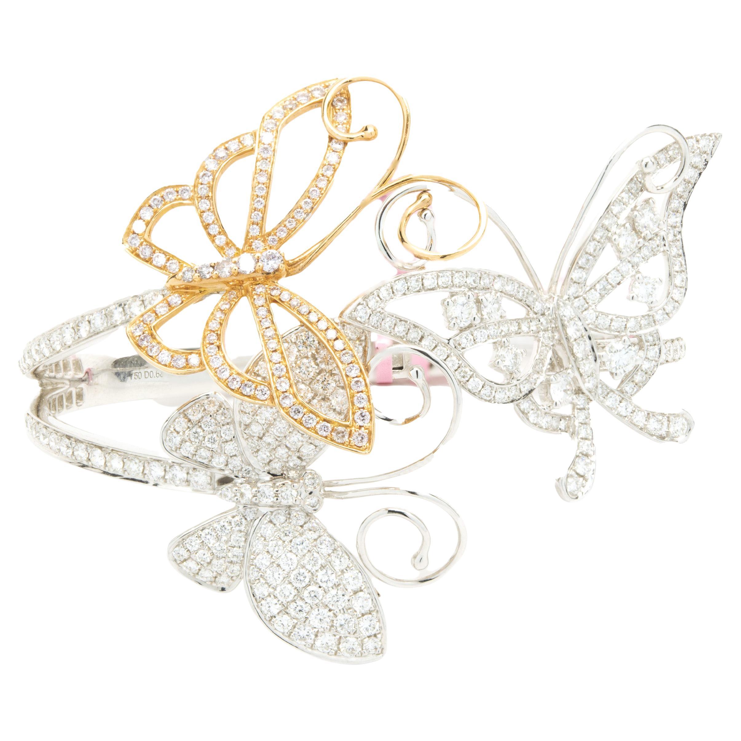 18 Karat White & Rose Gold Diamond Hinged Butterfly Bangle Bracelet For Sale