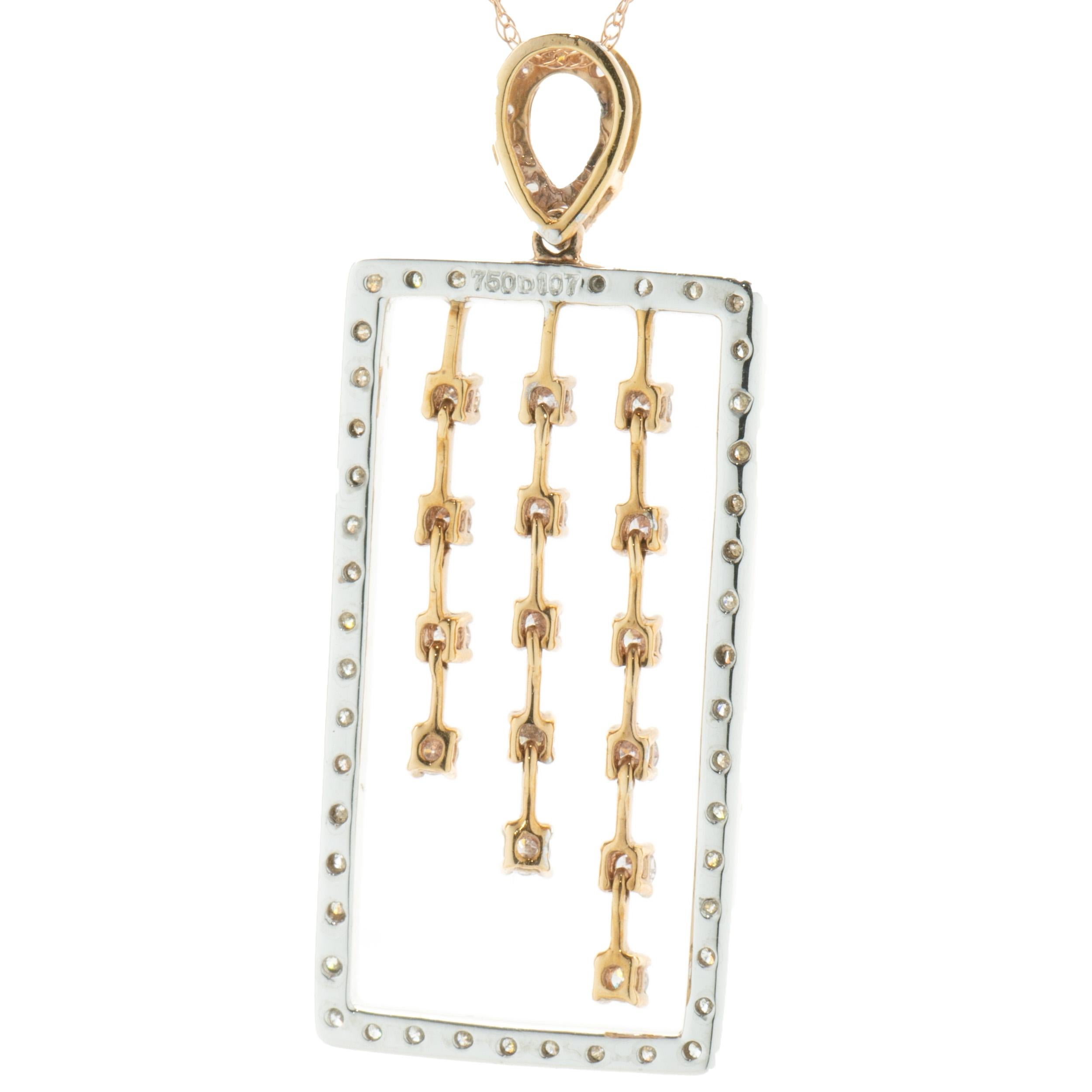 Round Cut 18 Karat White & Rose Gold Rectangular Diamond Drop Necklace For Sale