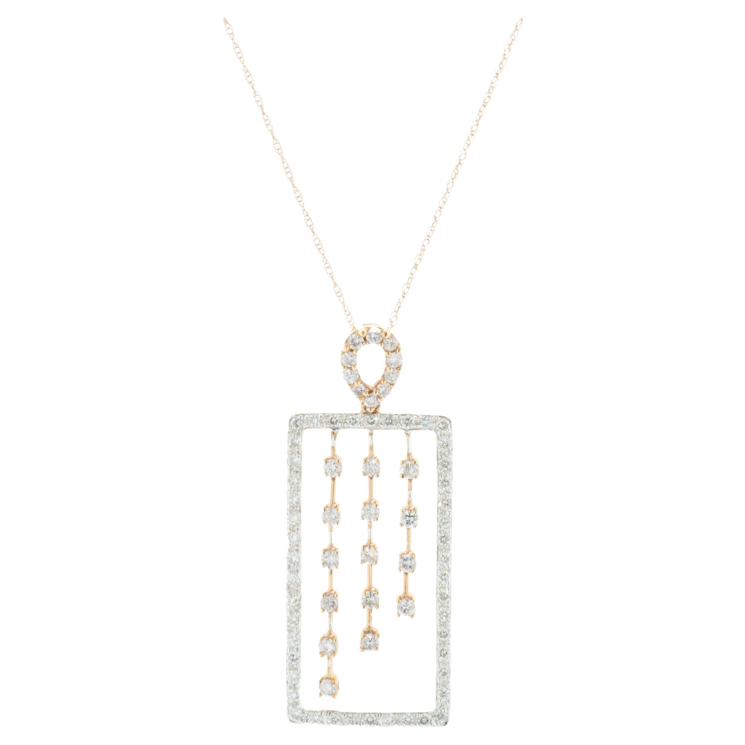 18 Karat White & Rose Gold Rectangular Diamond Drop Necklace For Sale