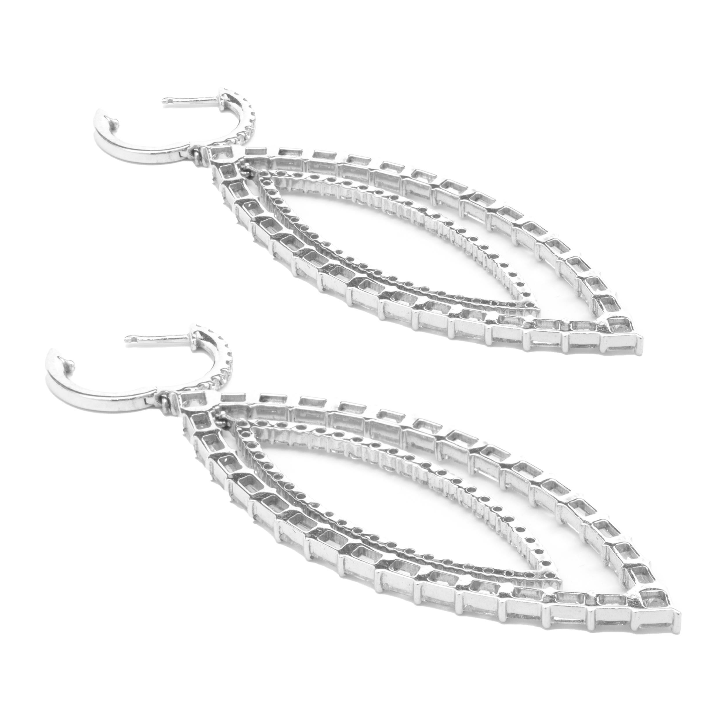 Marquise Cut 18k White Gold Round and Baguette Cut Diamond Marquise Shape Cut Out Earrings For Sale