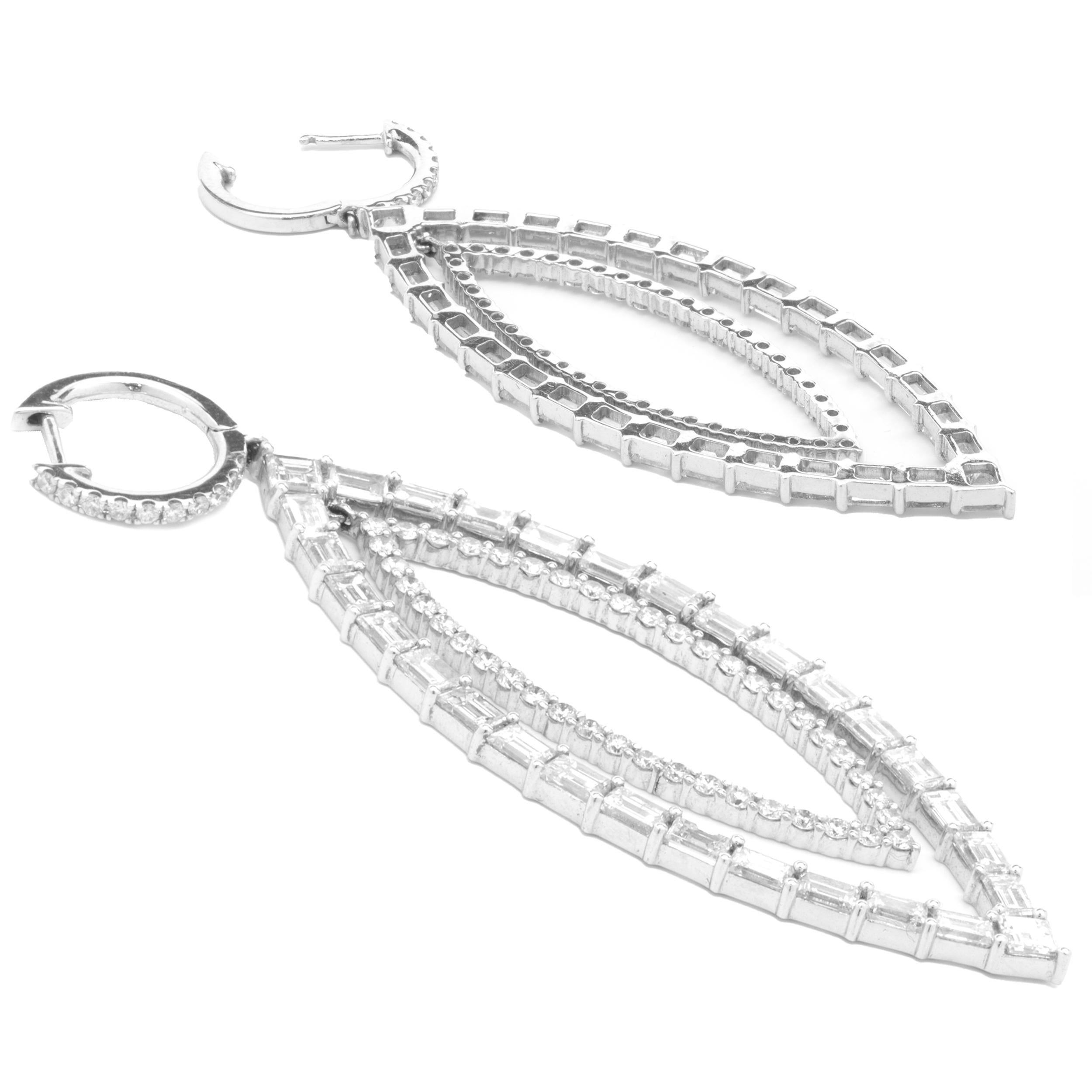 18k White Gold Round and Baguette Cut Diamond Marquise Shape Cut Out Earrings In Excellent Condition For Sale In Scottsdale, AZ