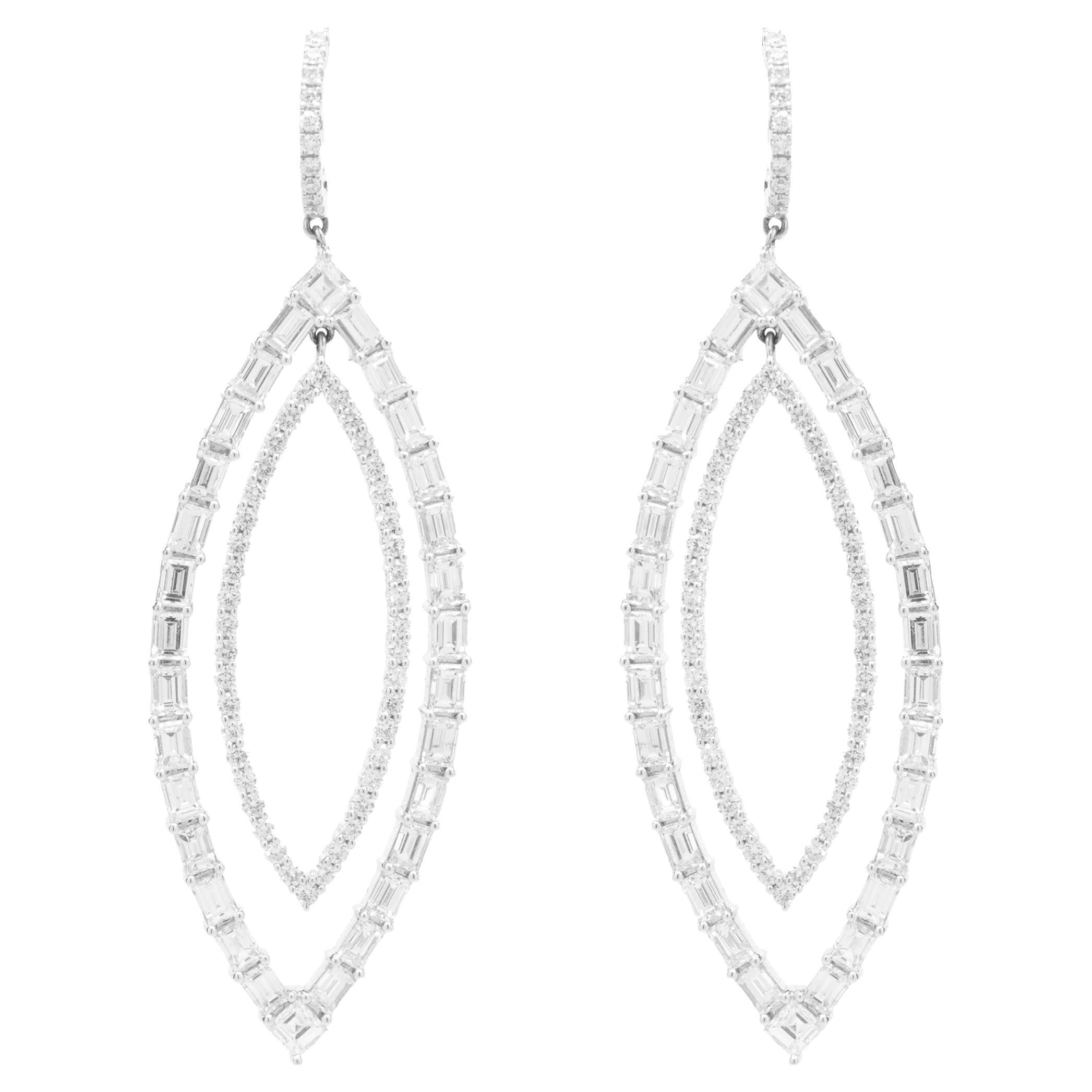 18k White Gold Round and Baguette Cut Diamond Marquise Shape Cut Out Earrings For Sale