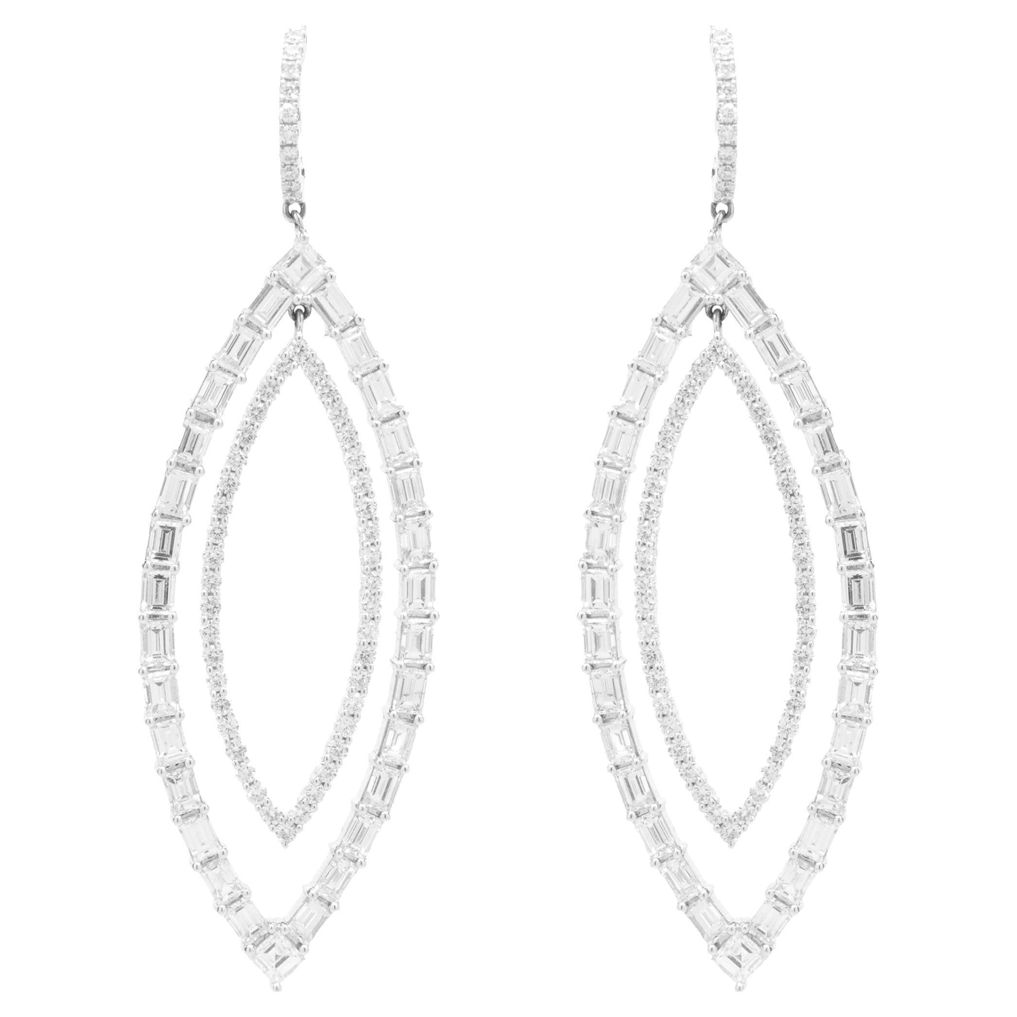 18k White Gold Round and Baguette Cut Diamond Marquise Shape Cut Out Earrings