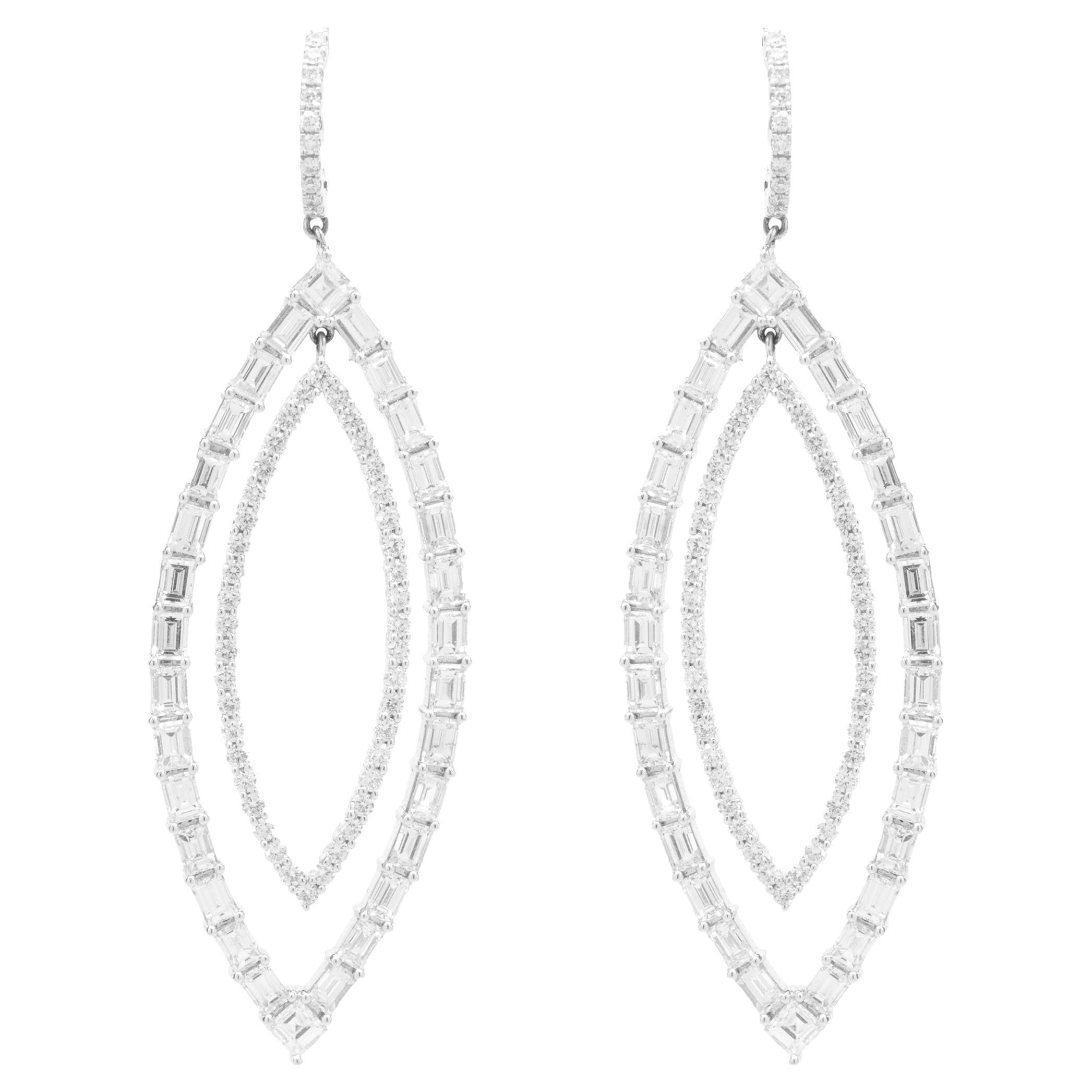 18k White Gold Round and Baguette Cut Diamond Marquise Shape Cut Out Earrings