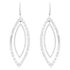 18k White Gold Round and Baguette Cut Diamond Marquise Shape Cut Out Earrings