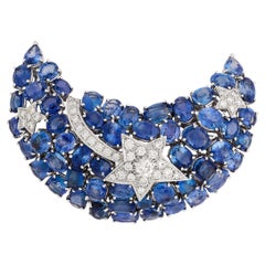 18 Karat White Sapphire and Diamond Crescent Moon Pin