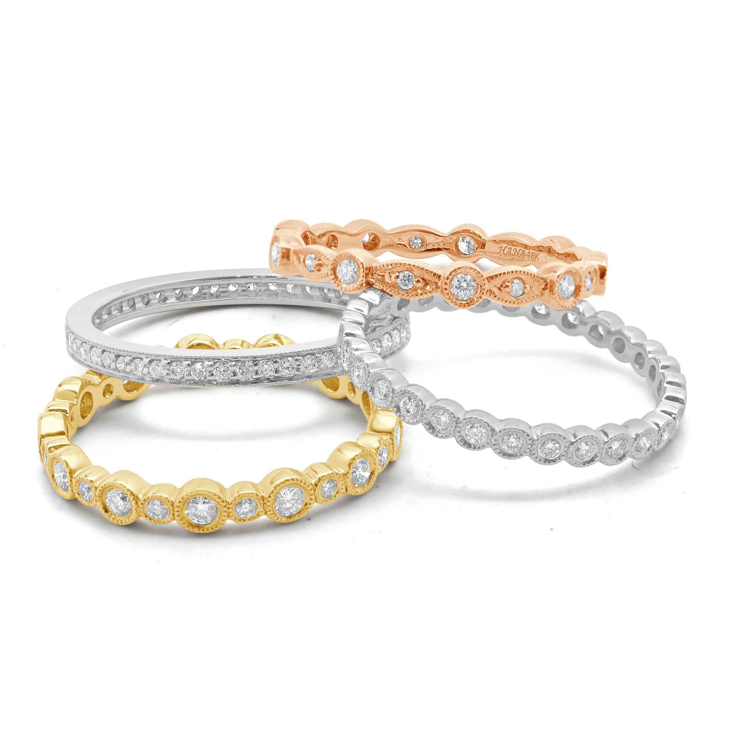 18 Karat White, Yellow, and Rose Gold Diamond Four Band Stack Set In Excellent Condition For Sale In Scottsdale, AZ