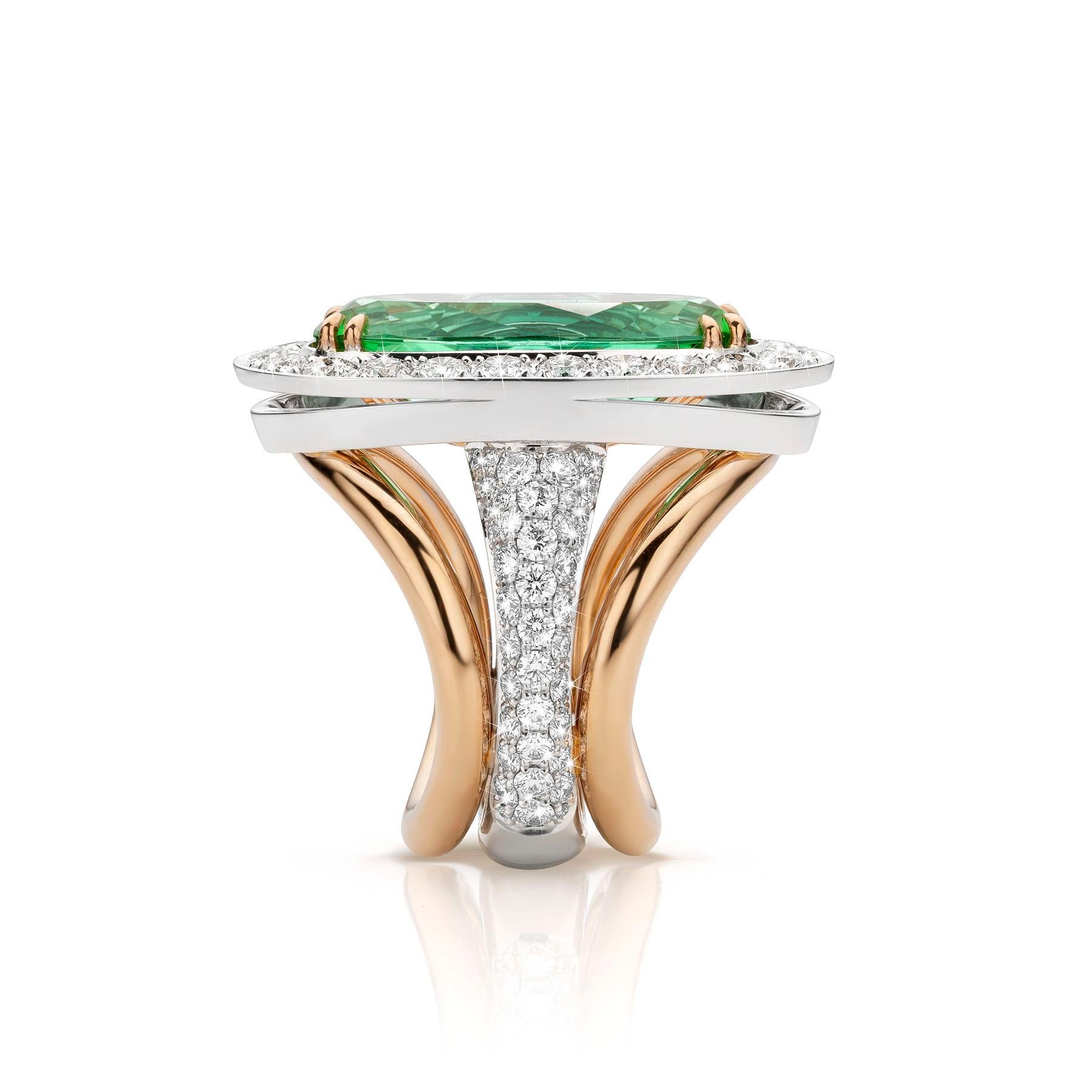 Contemporary 18K White & Yellow Gold 10.37 Carat Mint Tourmaline Cocktail Ring by Jochen Leën For Sale