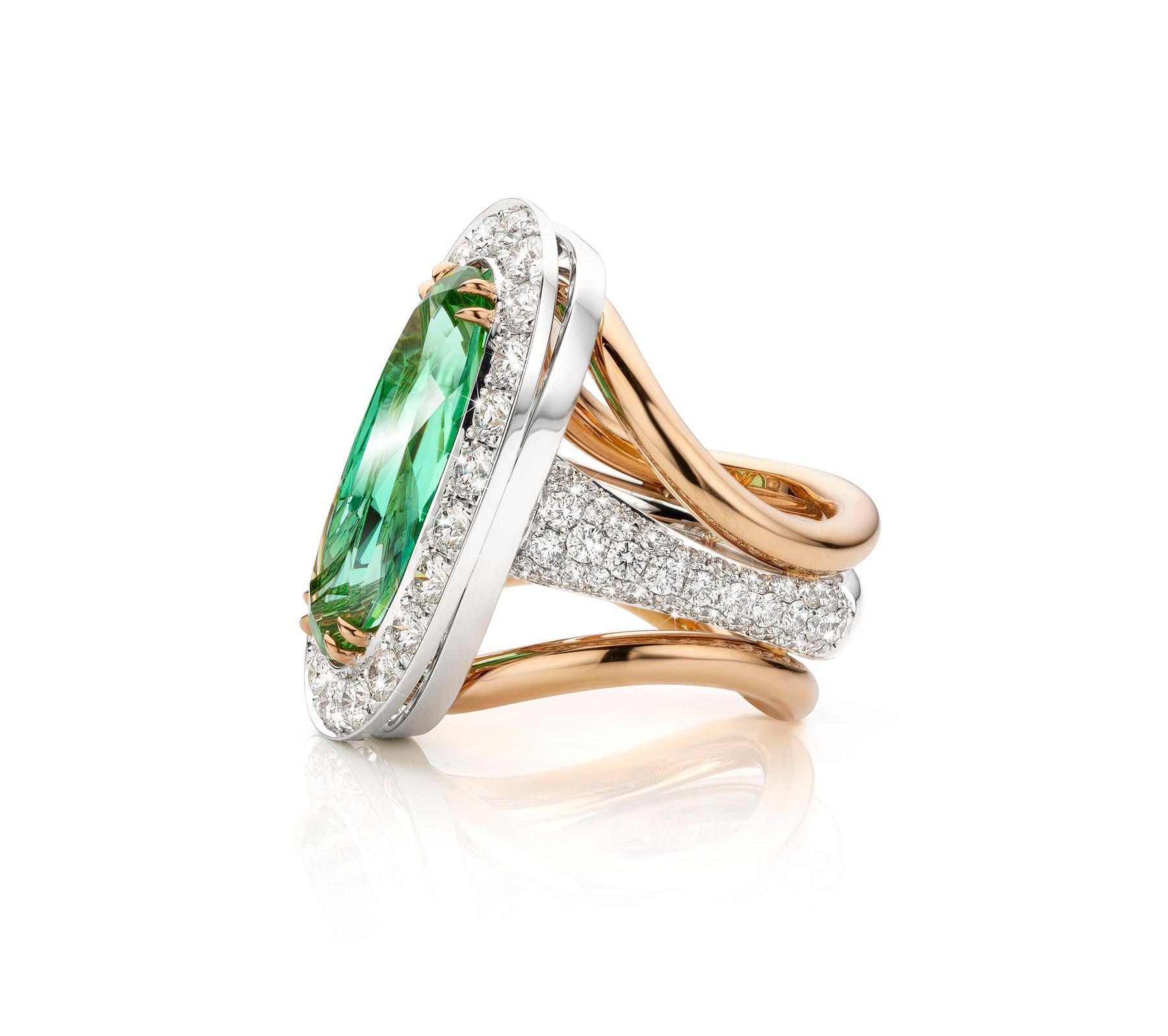 Oval Cut 18K White & Yellow Gold 10.37 Carat Mint Tourmaline Cocktail Ring by Jochen Leën For Sale