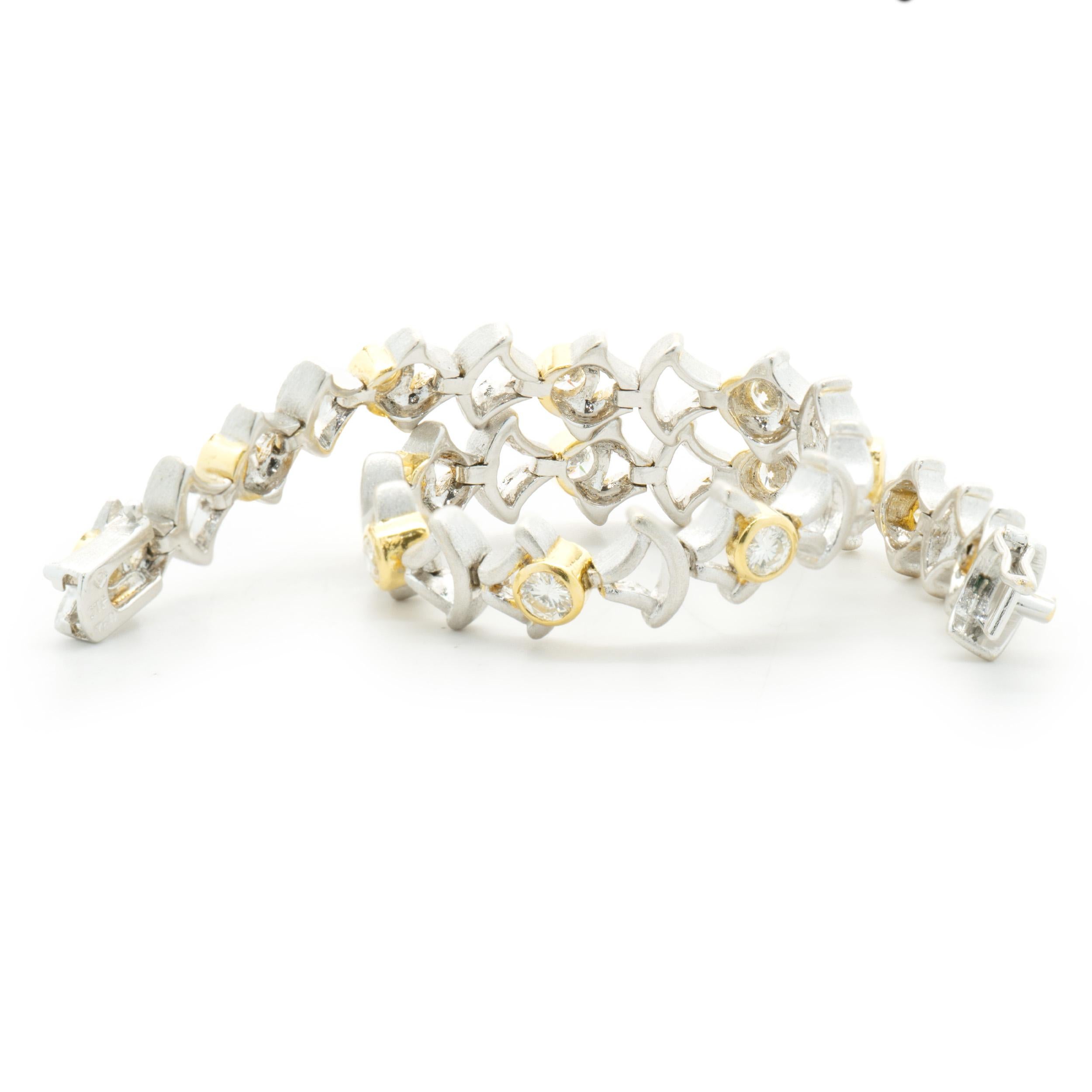 Round Cut 18 Karat White & Yellow Gold Bezel Set Diamond Link Bracelet