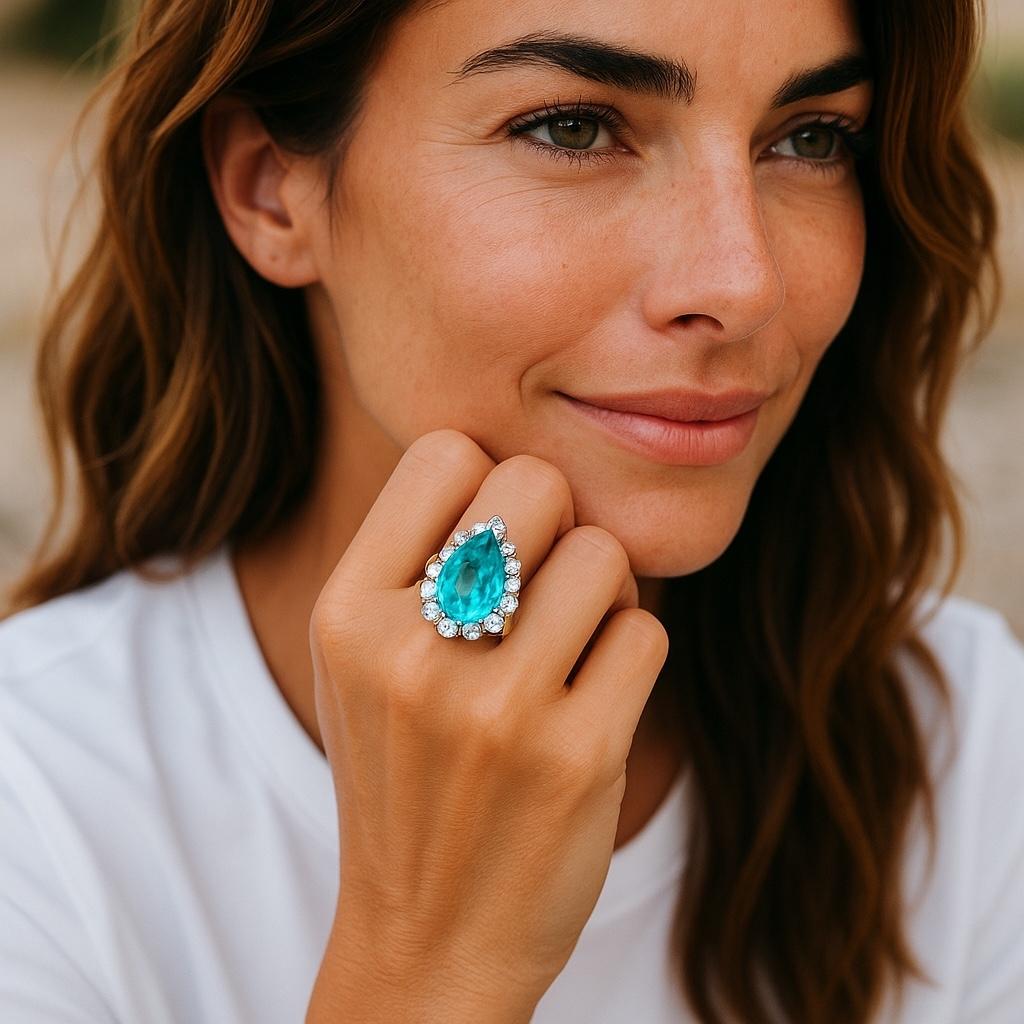 Women's 18 Karat White Yellow Gold Cocktail Ring Pear Apatite and Diamonds 10.05 Carat For Sale