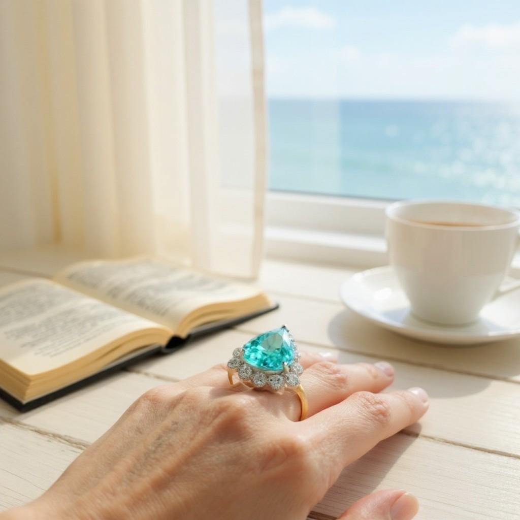 18 Karat Weiß- und Gelbgold Cocktail-Ring mit birnenförmigem Apatit und Diamanten 10,05 Karat im Angebot 2