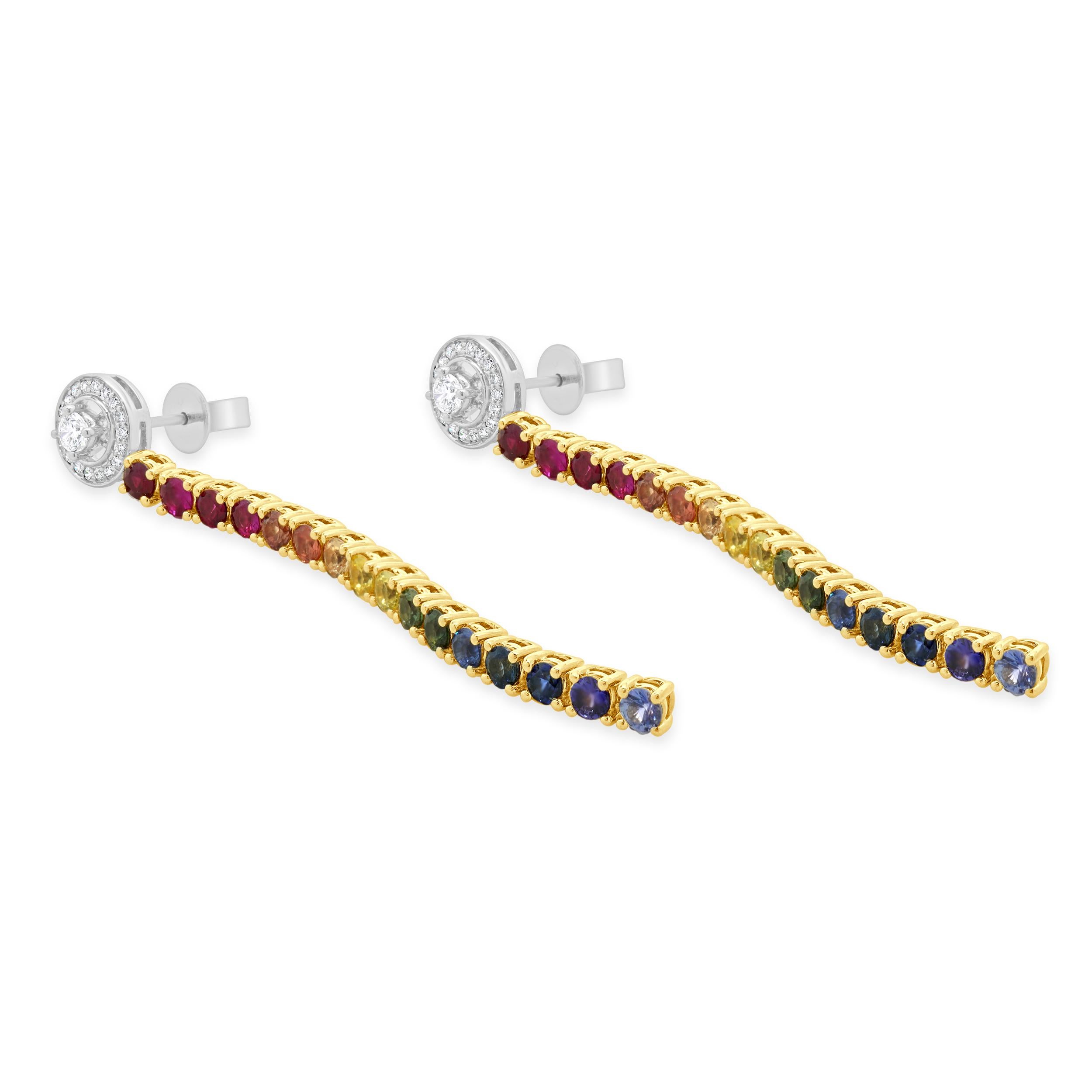 Round Cut 18 Karat White & Yellow Gold Diamond and Rainbow Sapphire Inline Drop Earrings For Sale