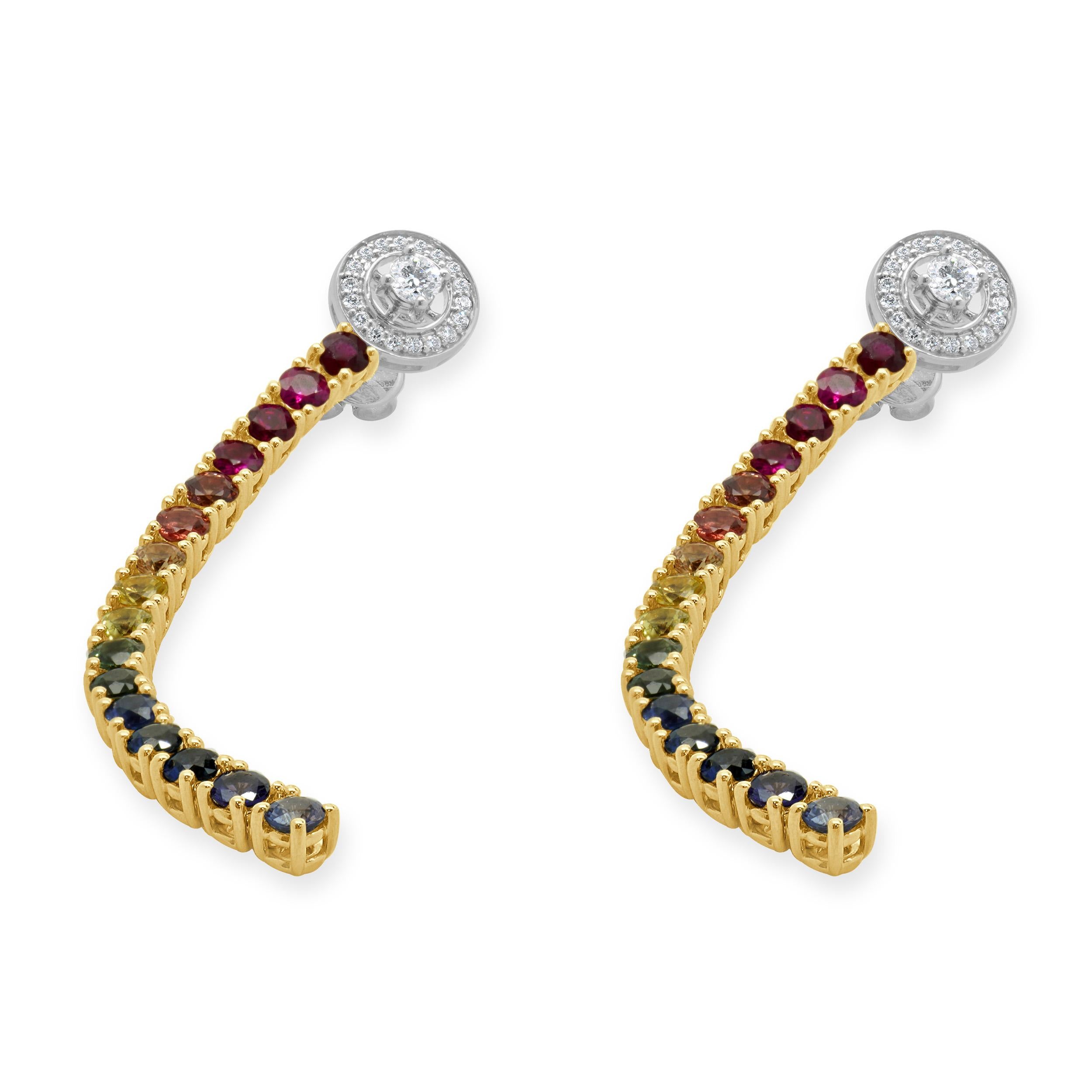 18 Karat White & Yellow Gold Diamond and Rainbow Sapphire Inline Drop Earrings In Excellent Condition For Sale In Scottsdale, AZ